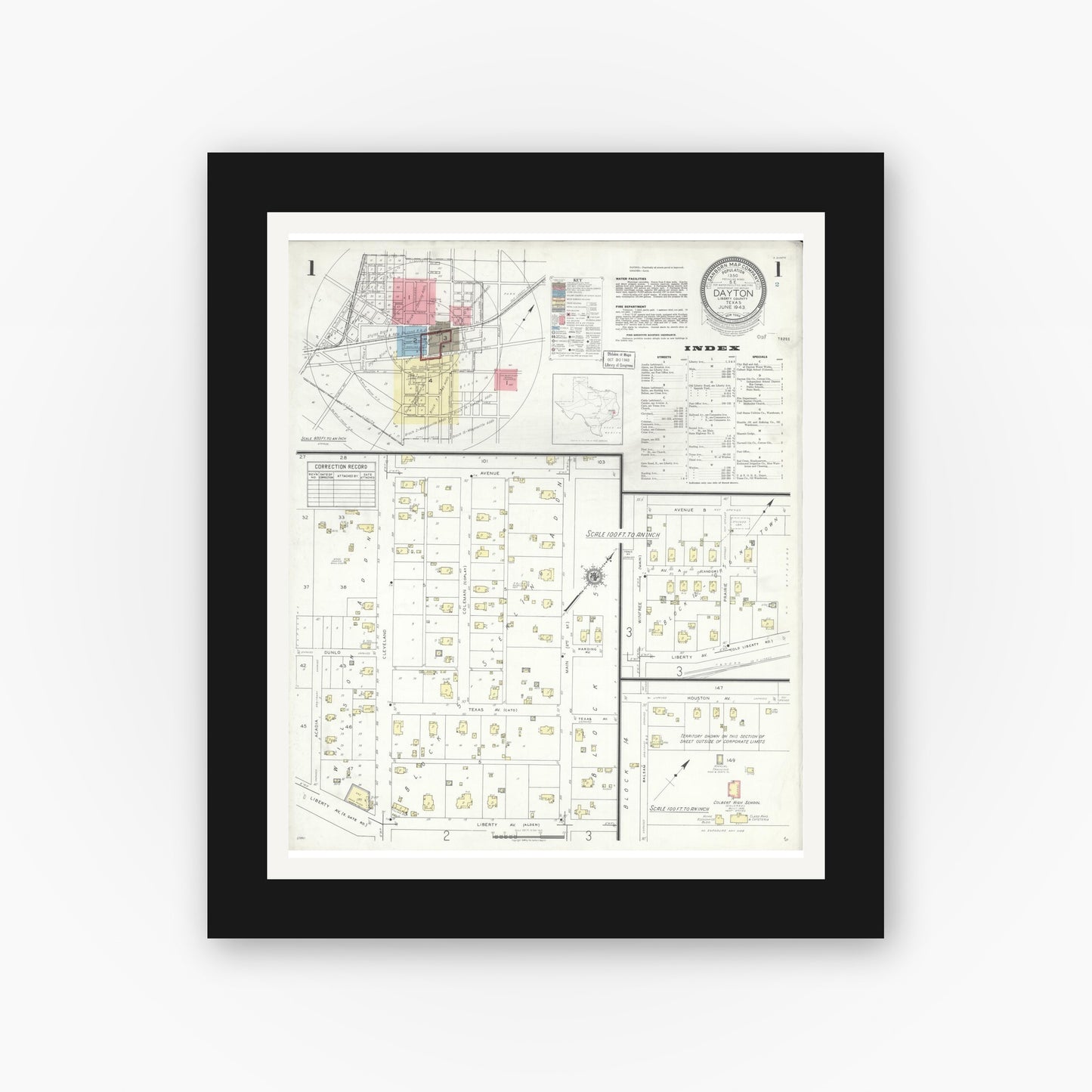 Old map wall art mockup — black gallery frame with white mat — Sanborn Fire Insurance Map from Dayton, Liberty County, Texas (1943) - Complete Map Set