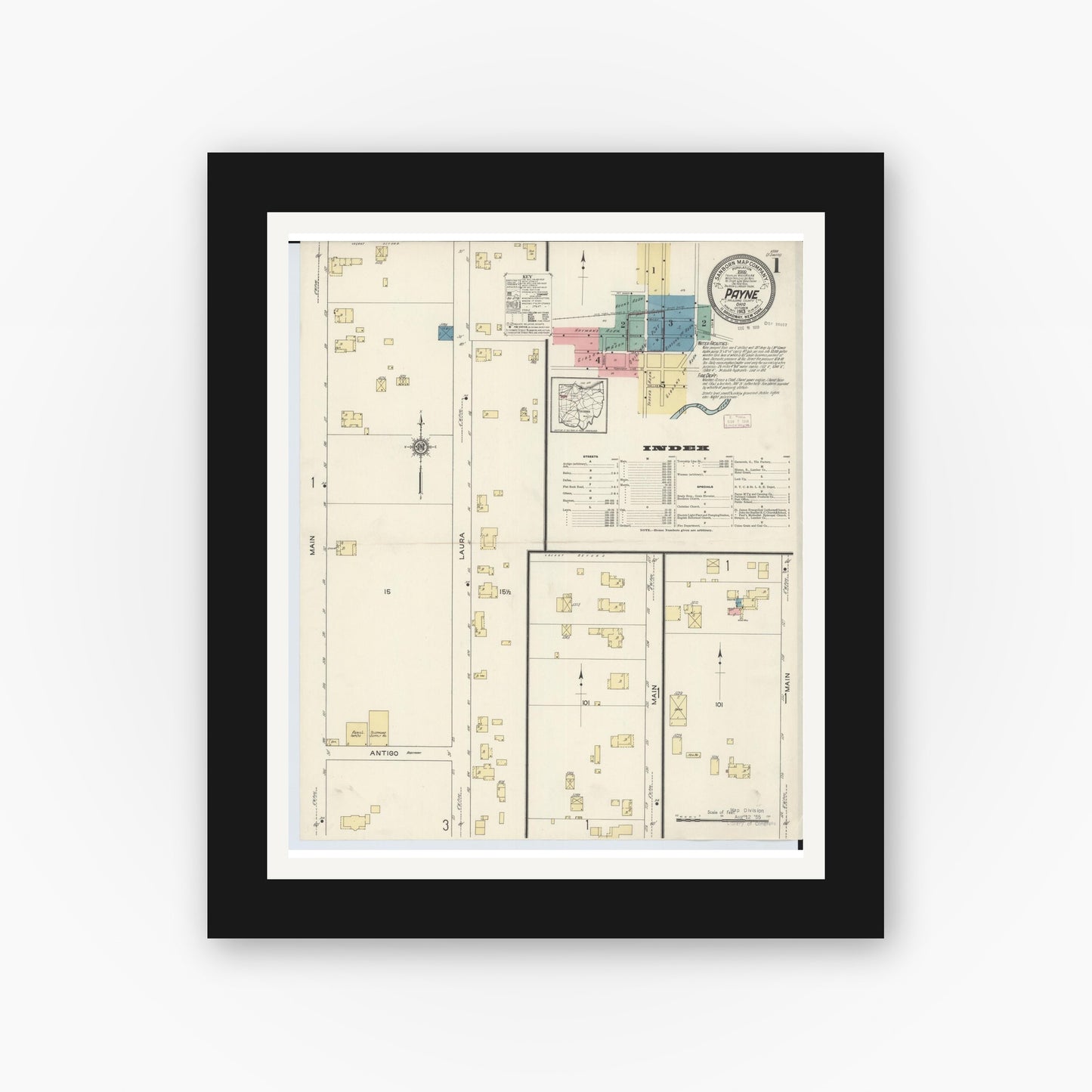 Old map wall art mockup — black gallery frame with white mat — Sanborn Fire Insurance Map from Payne, Paulding County, Ohio (1913), Sheet #0001