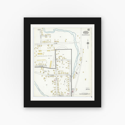 Old map wall art mockup — black gallery frame with white mat — Sanborn Fire Insurance Map from Norwich, Chenango County, New York (1917), Sheet #0015