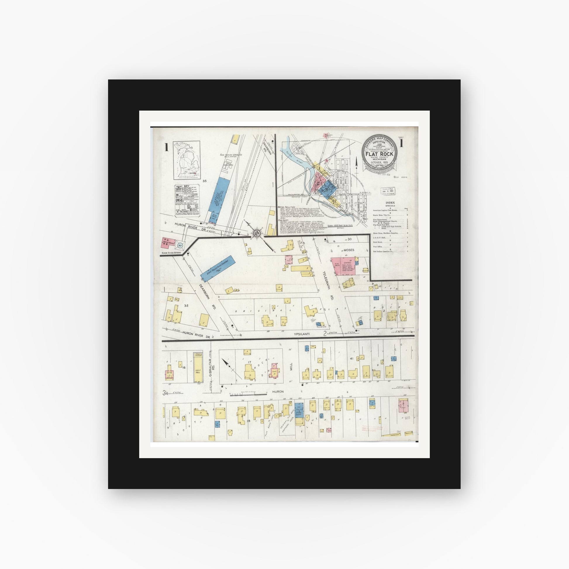 Old map wall art mockup — black gallery frame with white mat — Sanborn Fire Insurance Map from Flat Rock, Wayne County, Michigan (1929), Sheet #0001