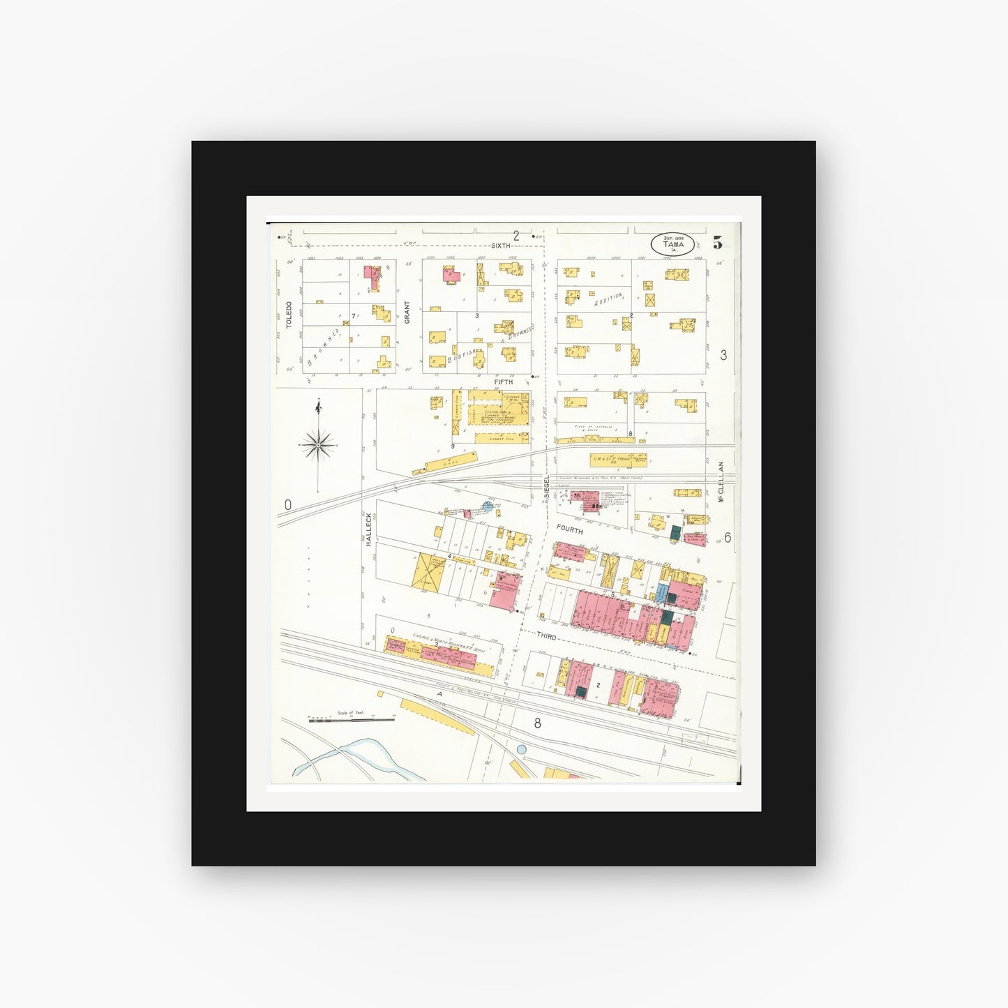 Old map wall art mockup — black gallery frame with white mat — Sanborn Fire Insurance Map from Tama, Tama County, Iowa (1906), Sheet #0005