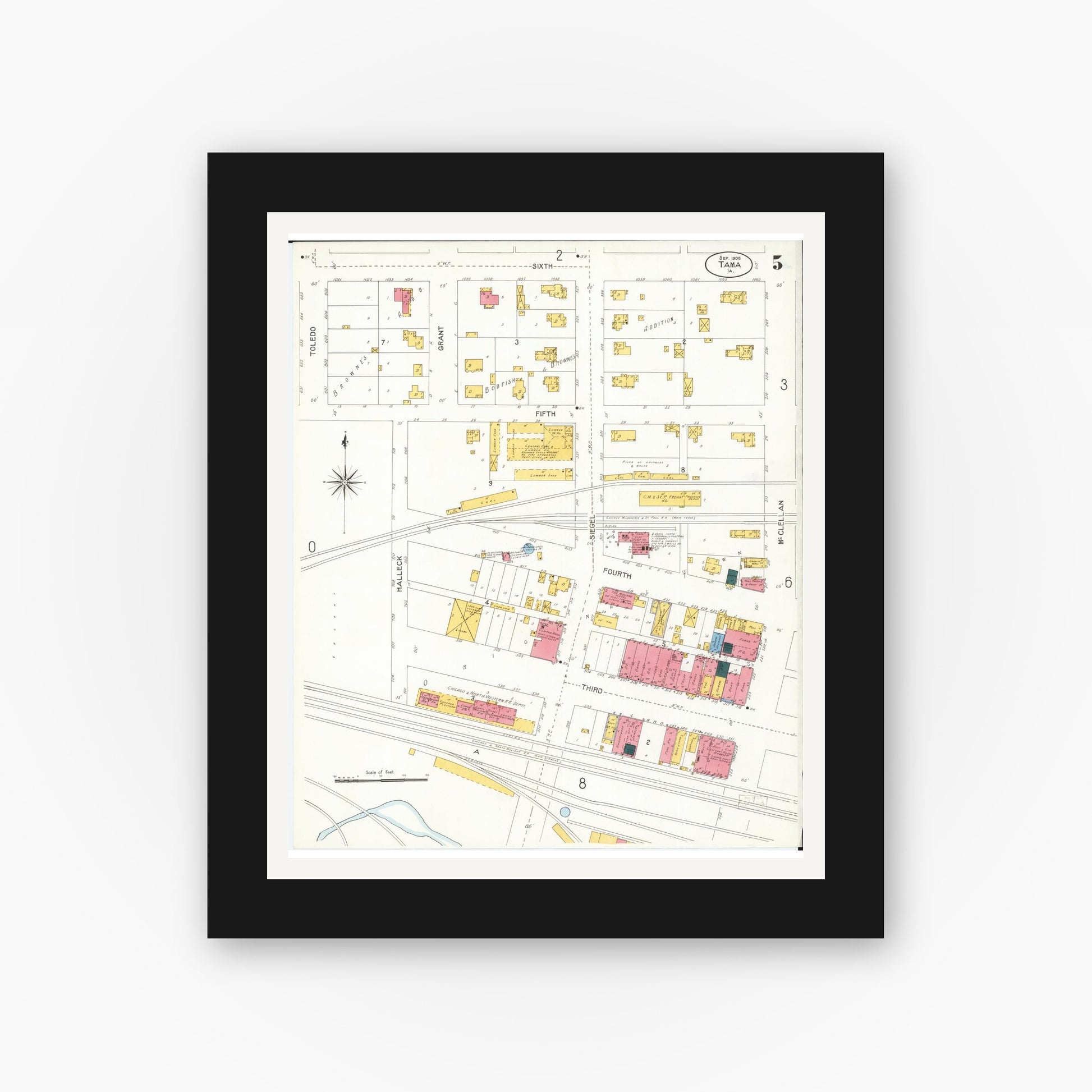 Old map wall art mockup — black gallery frame with white mat — Sanborn Fire Insurance Map from Tama, Tama County, Iowa (1906), Sheet #0005