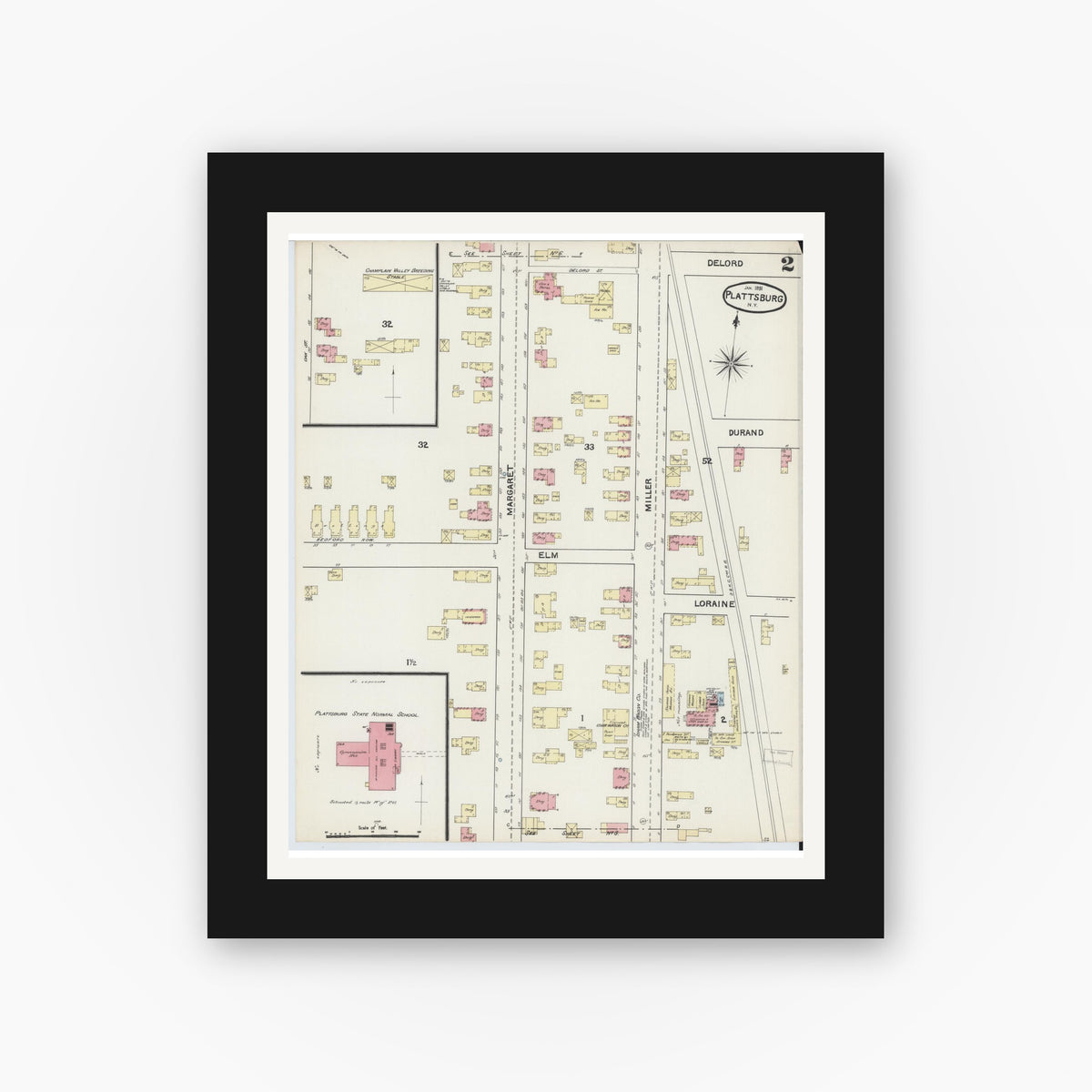 Old map wall art mockup — black gallery frame with white mat — Sanborn Fire Insurance Map from Plattsburg, Clinton County, New York (1891) - Complete Map Set