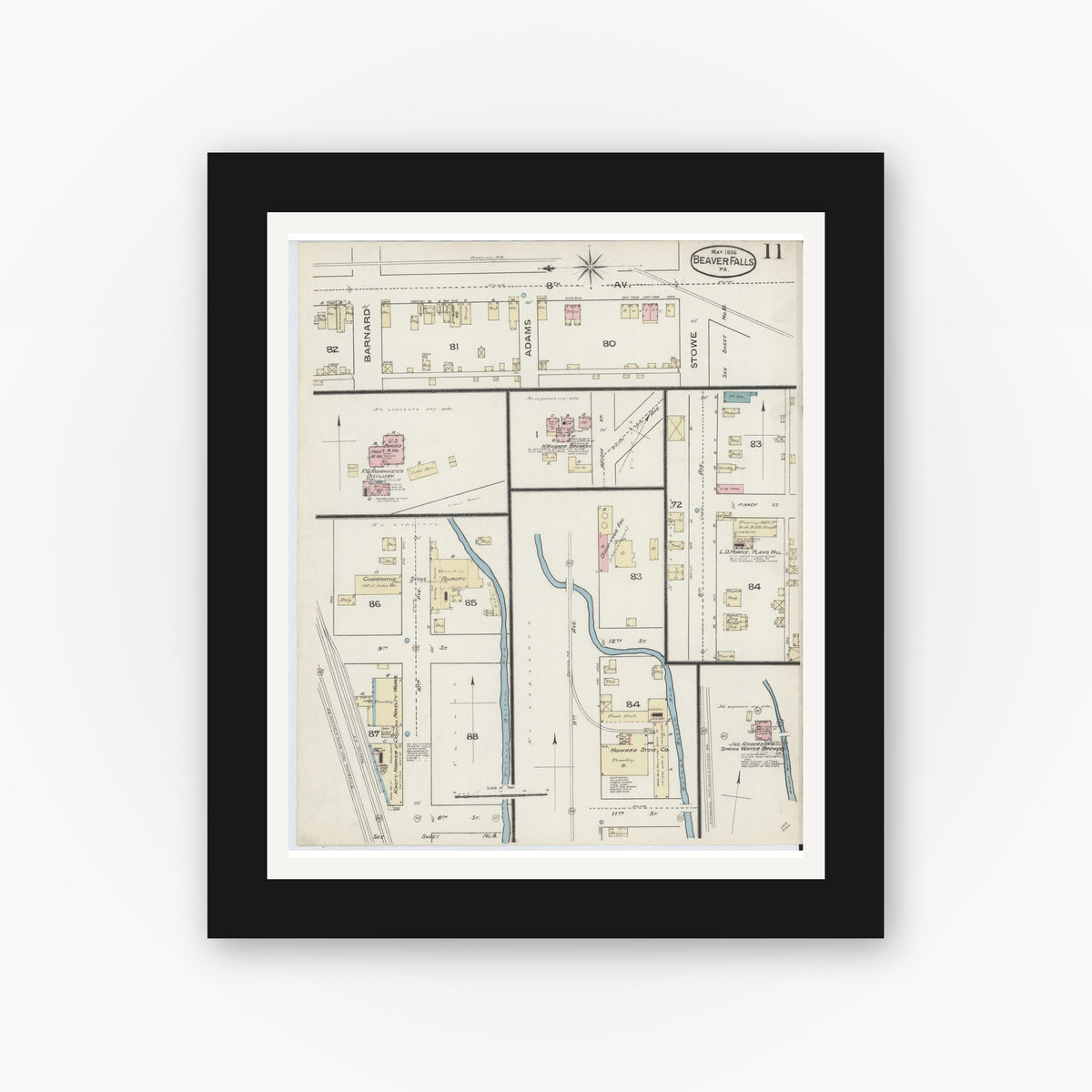 Old map wall art mockup — black gallery frame with white mat — Sanborn Fire Insurance Map from Beaver Falls, Beaver County, Pennsylvania (1886), Sheet #0011