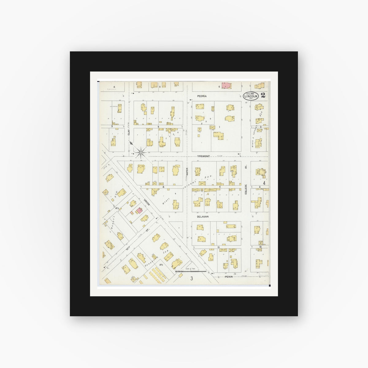 Old map wall art mockup — black gallery frame with white mat — Sanborn Fire Insurance Map from Lincoln, Logan County, Illinois (1902), Sheet #0002