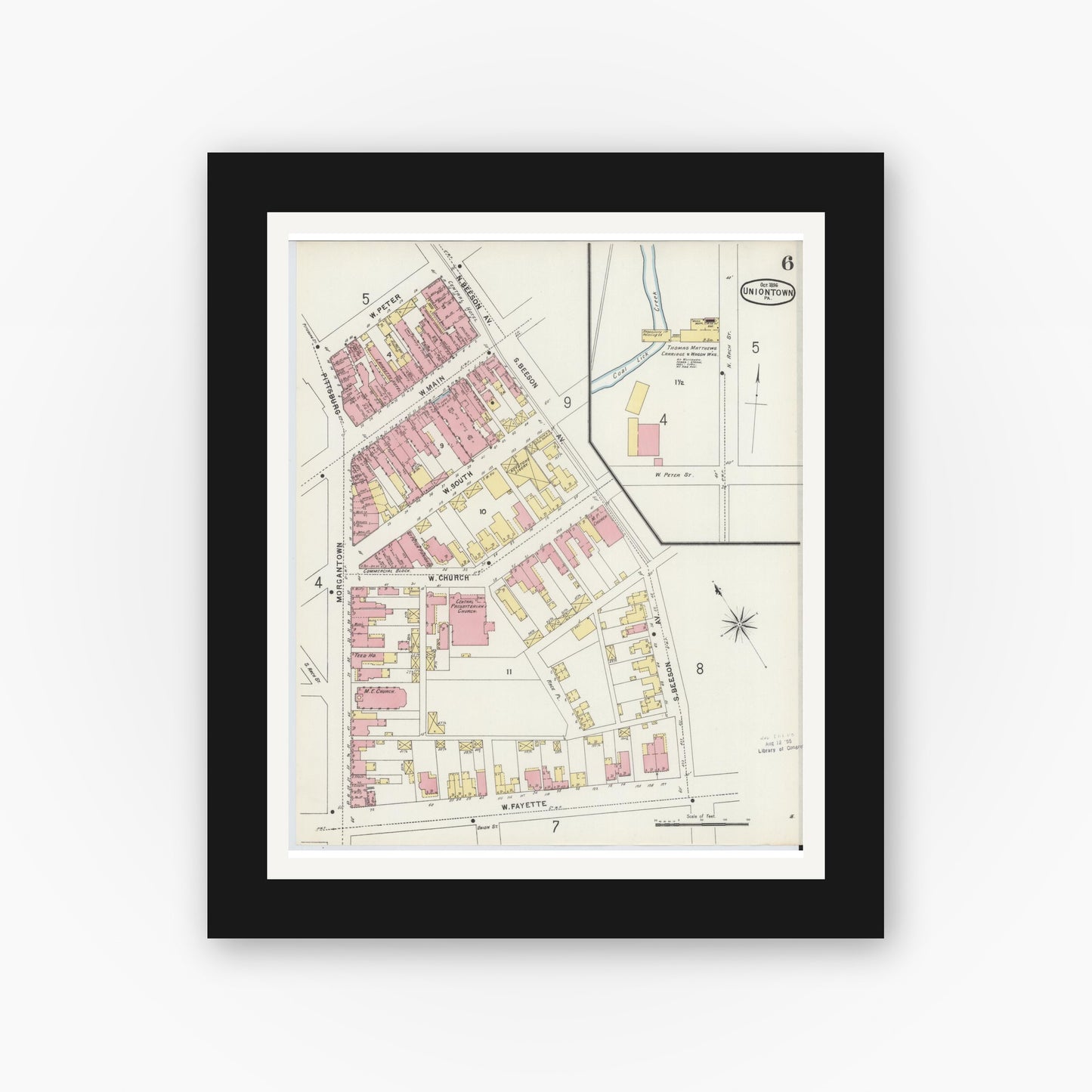 Old map wall art mockup — black gallery frame with white mat — Sanborn Fire Insurance Map from Uniontown, Fayette County, Pennsylvania (1896), Sheet #0006