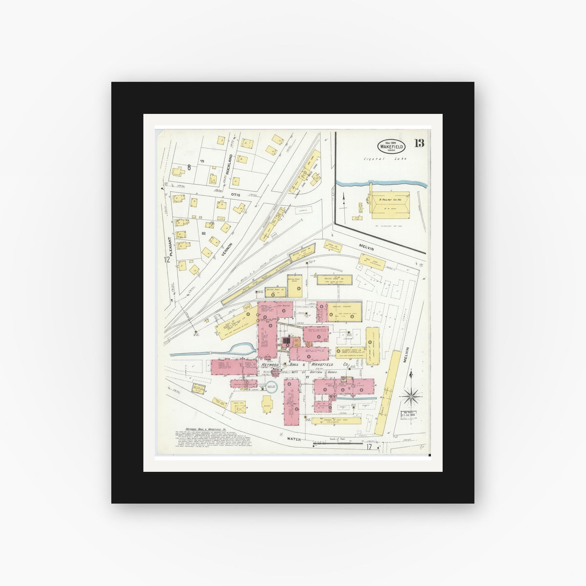 Old map wall art mockup — black gallery frame with white mat — Sanborn Fire Insurance Map from Wakefield, Middlesex County, Massachusetts (1909), Sheet #0013