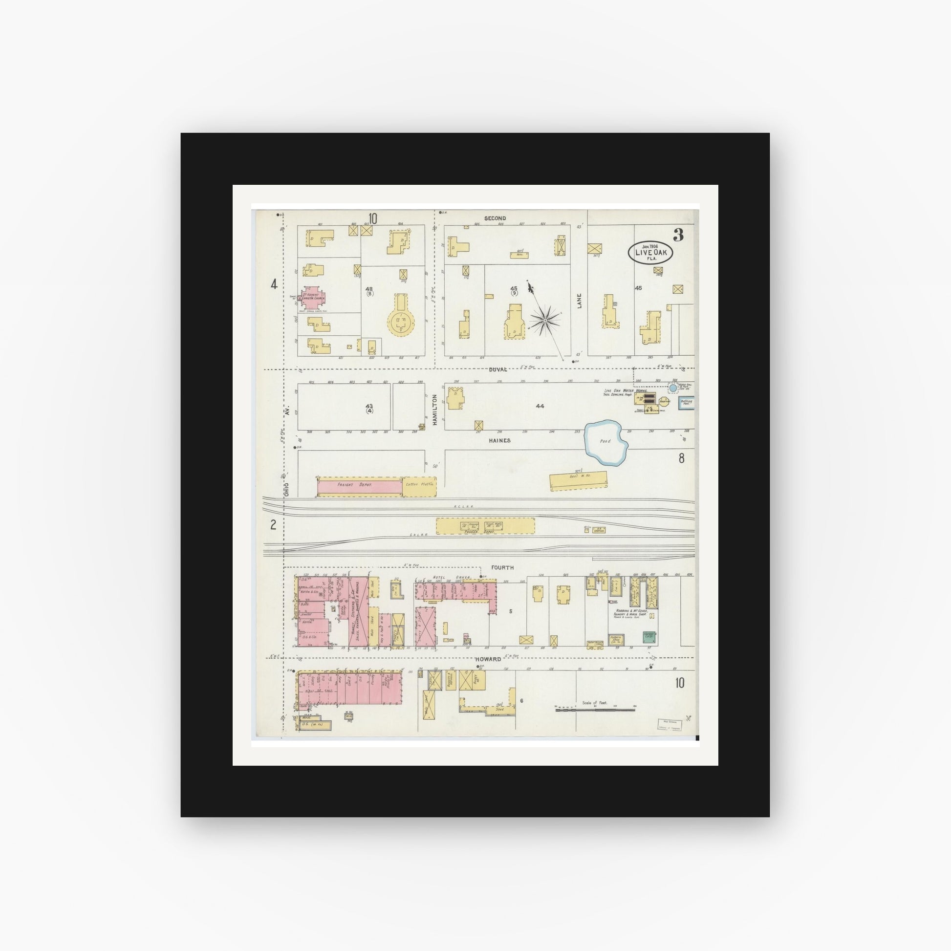 Old map wall art mockup — black gallery frame with white mat — Sanborn Fire Insurance Map from Live Oak, Suwanee County, Florida (1906), Sheet #0003