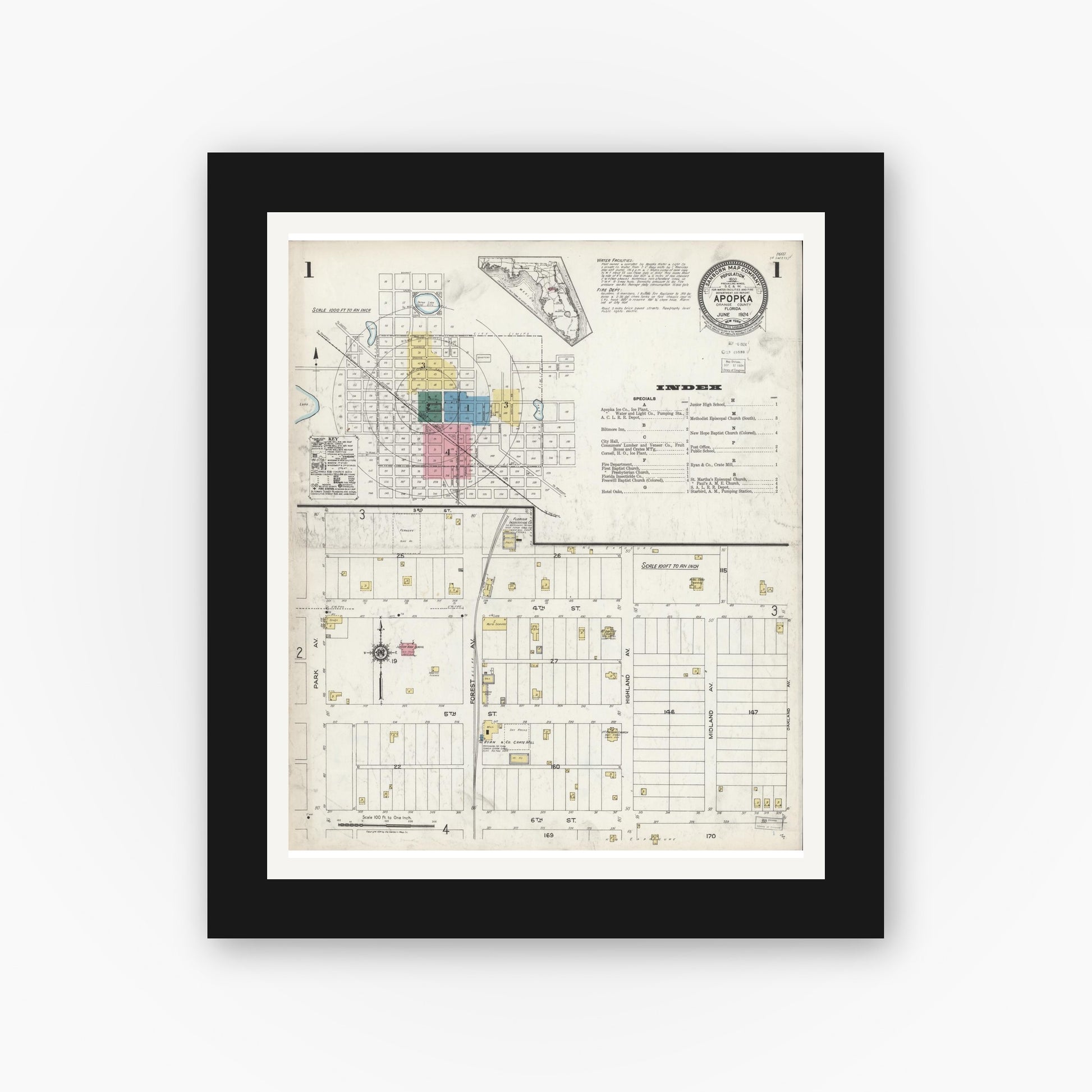Old map wall art mockup — black gallery frame with white mat — Sanborn Fire Insurance Map from Apopka, Orange County, Florida (1924) - Complete Map Set