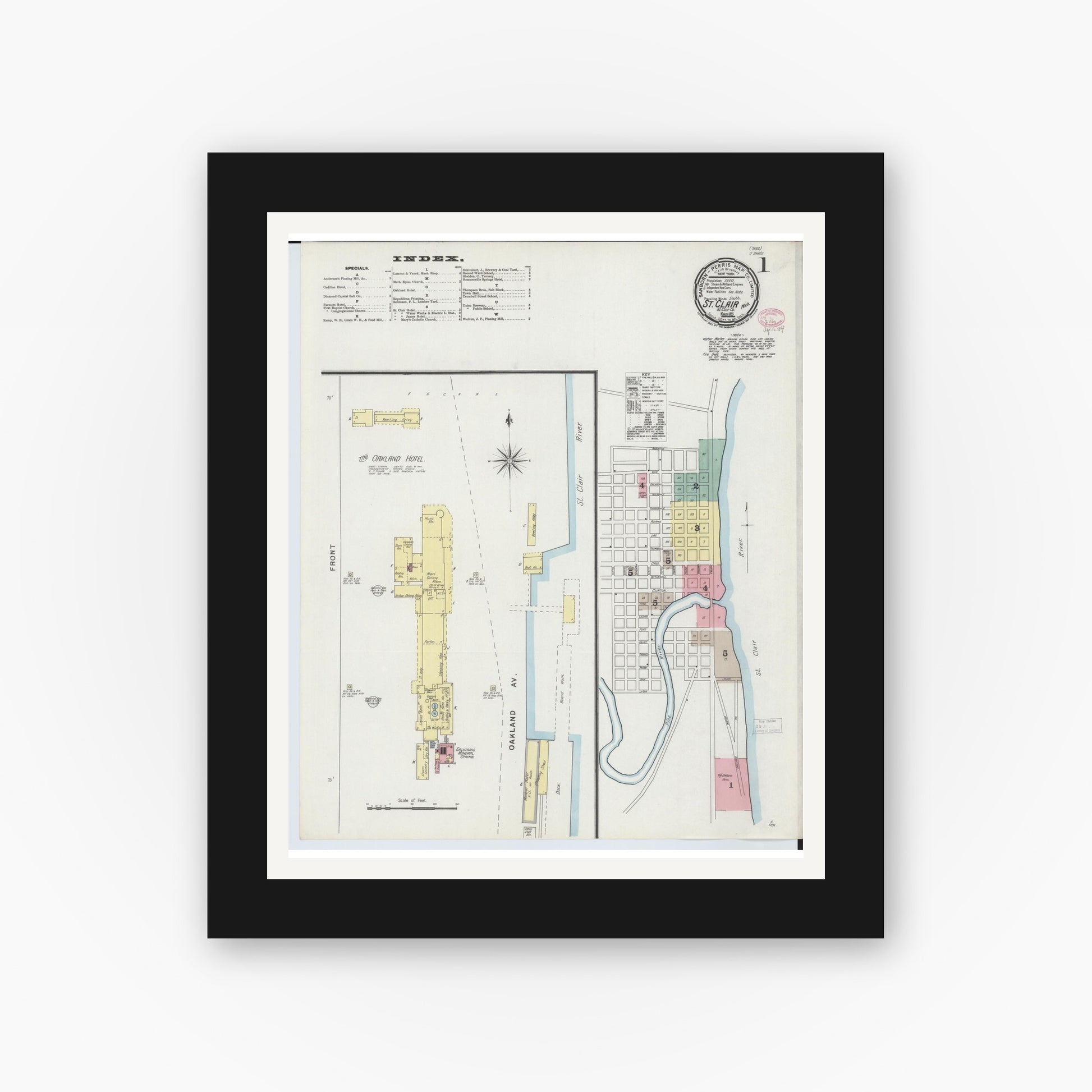 Old map wall art mockup — black gallery frame with white mat — Sanborn Fire Insurance Map from Saint Clair, Saint Clair County, Michigan (1895) - Complete Map Set