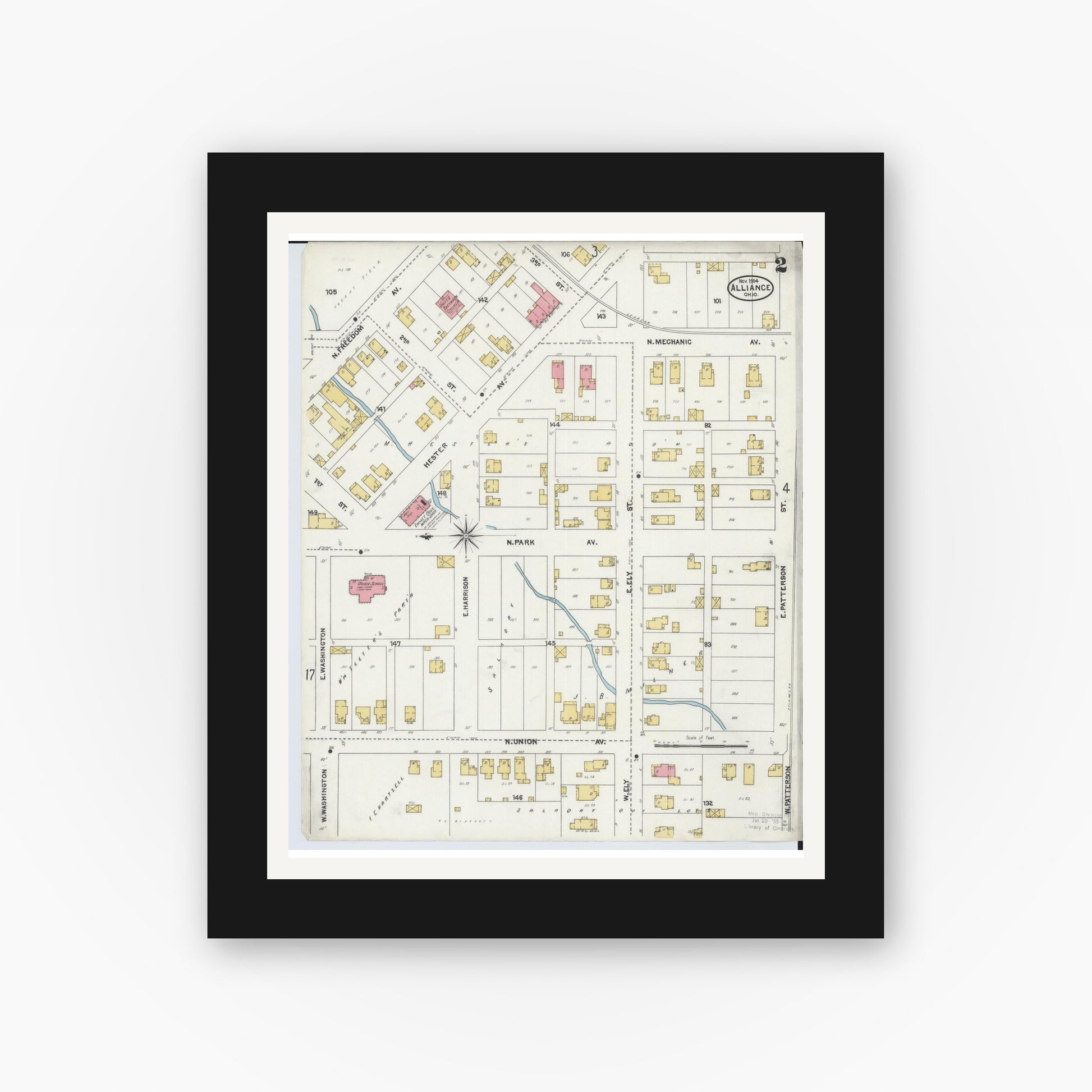 Old map wall art mockup — black gallery frame with white mat — Sanborn Fire Insurance Map from Alliance, Stark County, Ohio (1904), Sheet #0002