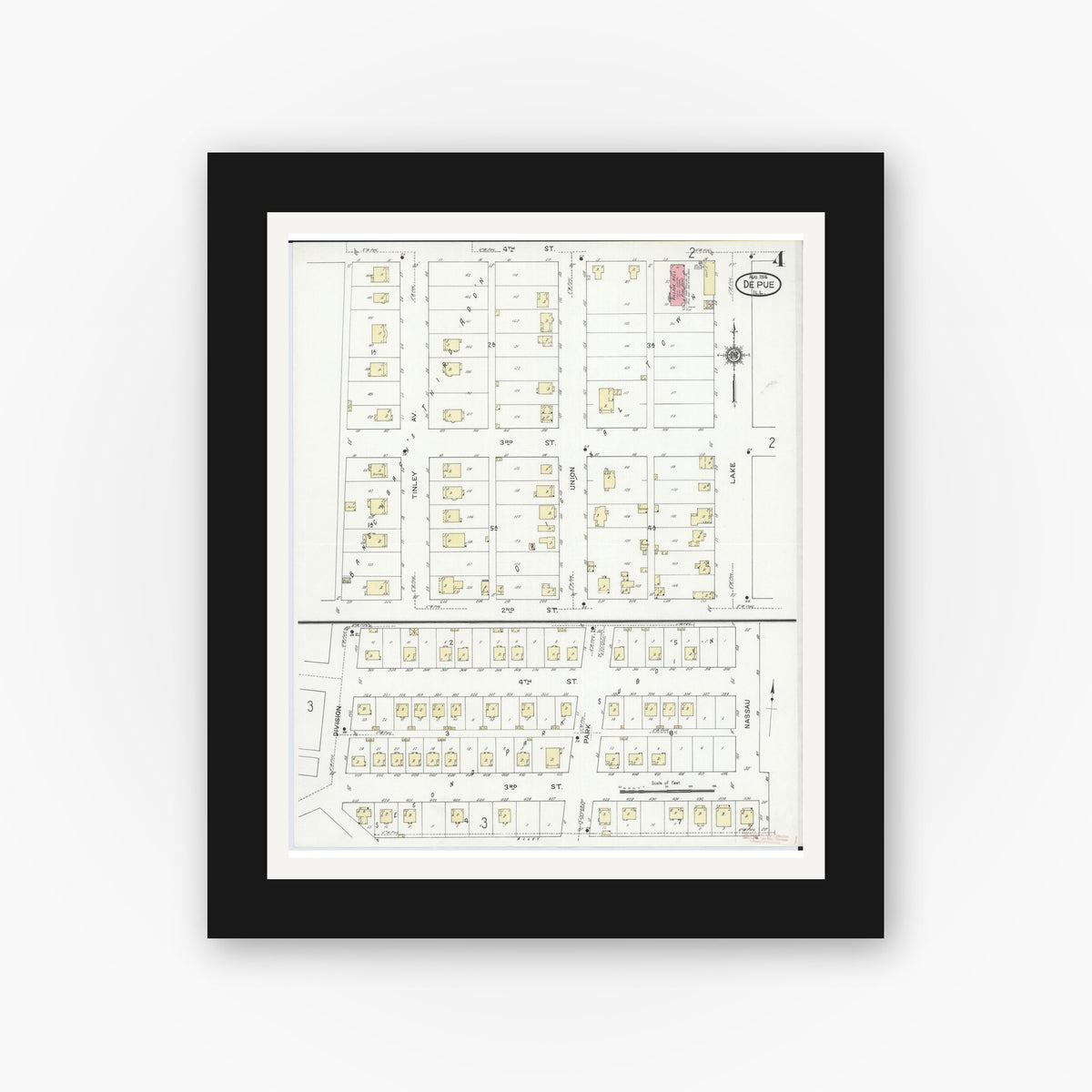 Old map wall art mockup — black gallery frame with white mat — Sanborn Fire Insurance Map from De Pue, Bureau County, Illinois (1914), Sheet #0004