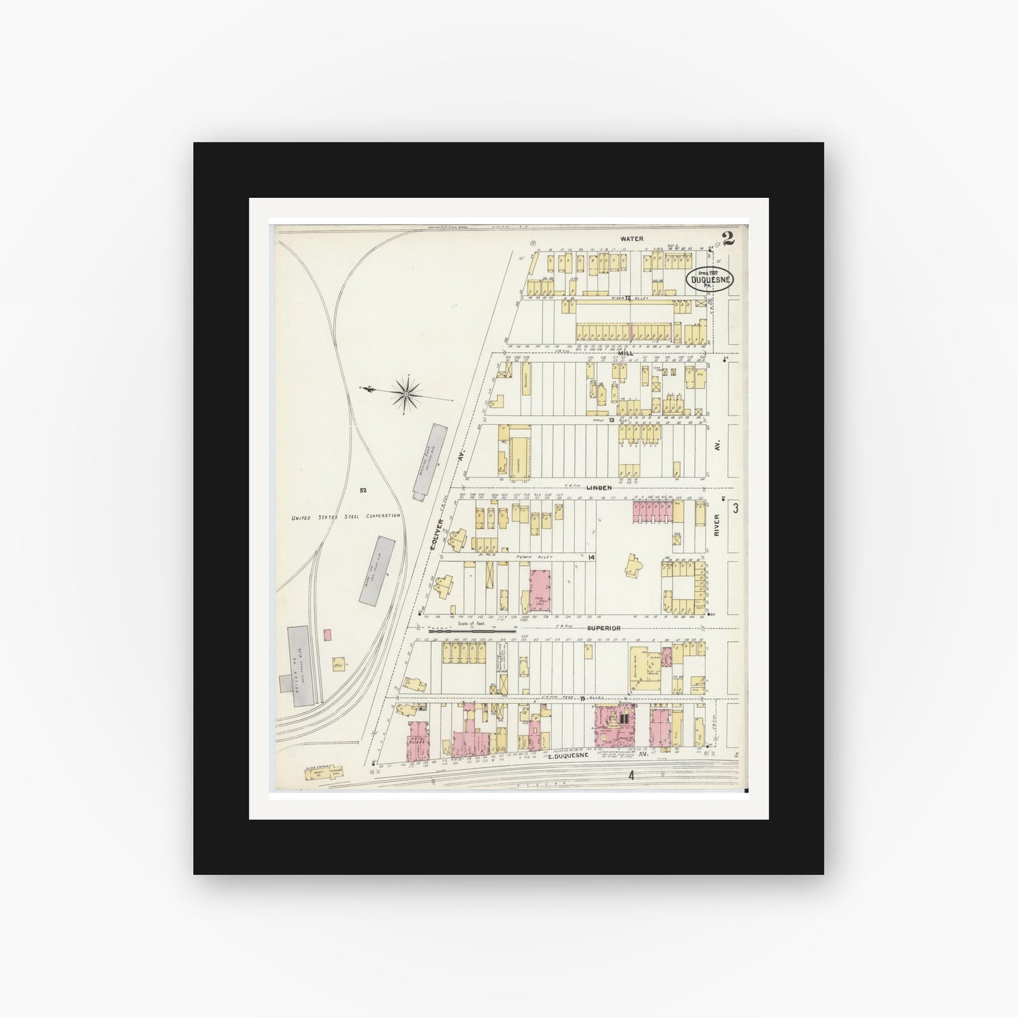 Old map wall art mockup — black gallery frame with white mat — Sanborn Fire Insurance Map from Duquesne, Allegheny County, Pennsylvania (1907), Sheet #0002