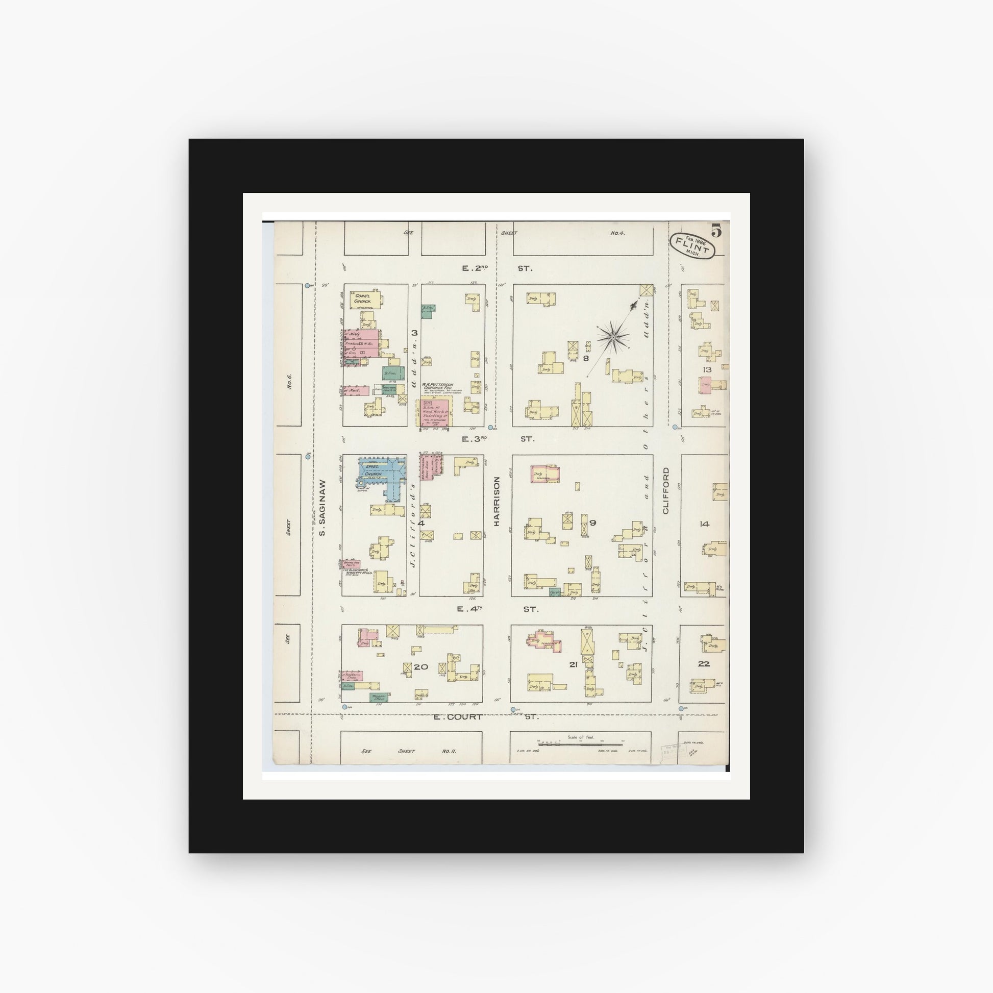 Old map wall art mockup — black gallery frame with white mat — Sanborn Fire Insurance Map from Flint, Genesee County, Michigan (1886), Sheet #0005