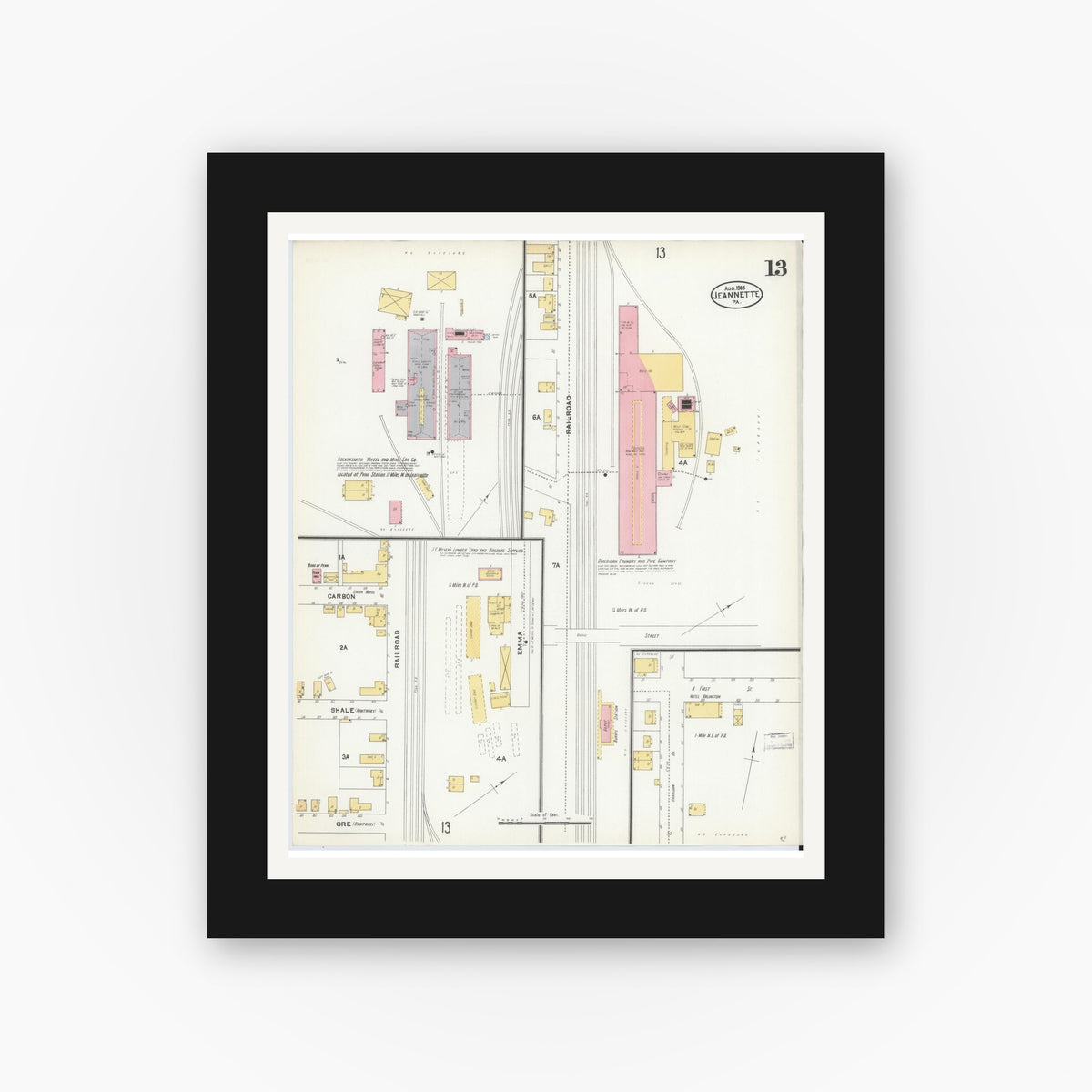 Old map wall art mockup — black gallery frame with white mat — Sanborn Fire Insurance Map from Jeannette, Westmoreland County, Pennsylvania (1905), Sheet #0013