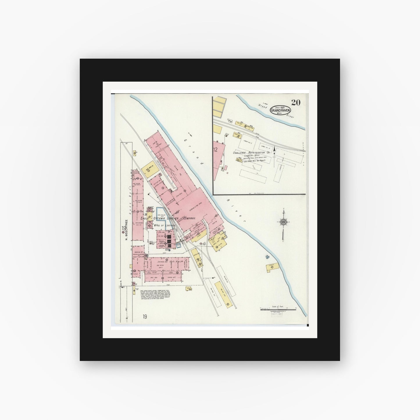 Old map wall art mockup — black gallery frame with white mat — Sanborn Fire Insurance Map from Grand Haven, Ottawa County, Michigan (1920), Sheet #0020