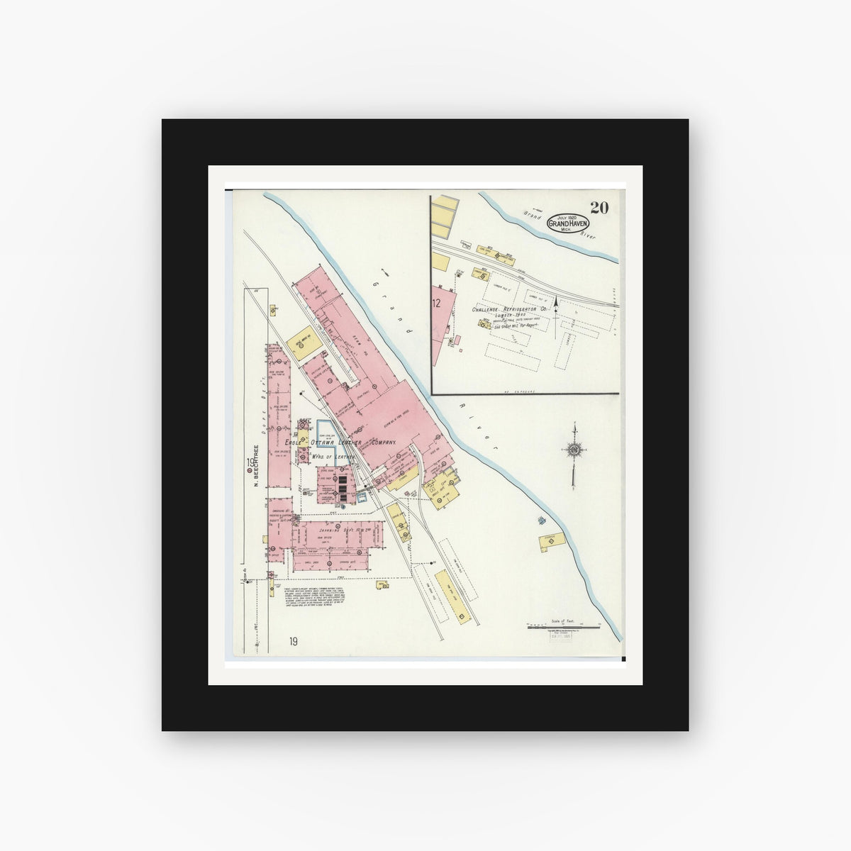 Old map wall art mockup — black gallery frame with white mat — Sanborn Fire Insurance Map from Grand Haven, Ottawa County, Michigan (1920), Sheet #0020