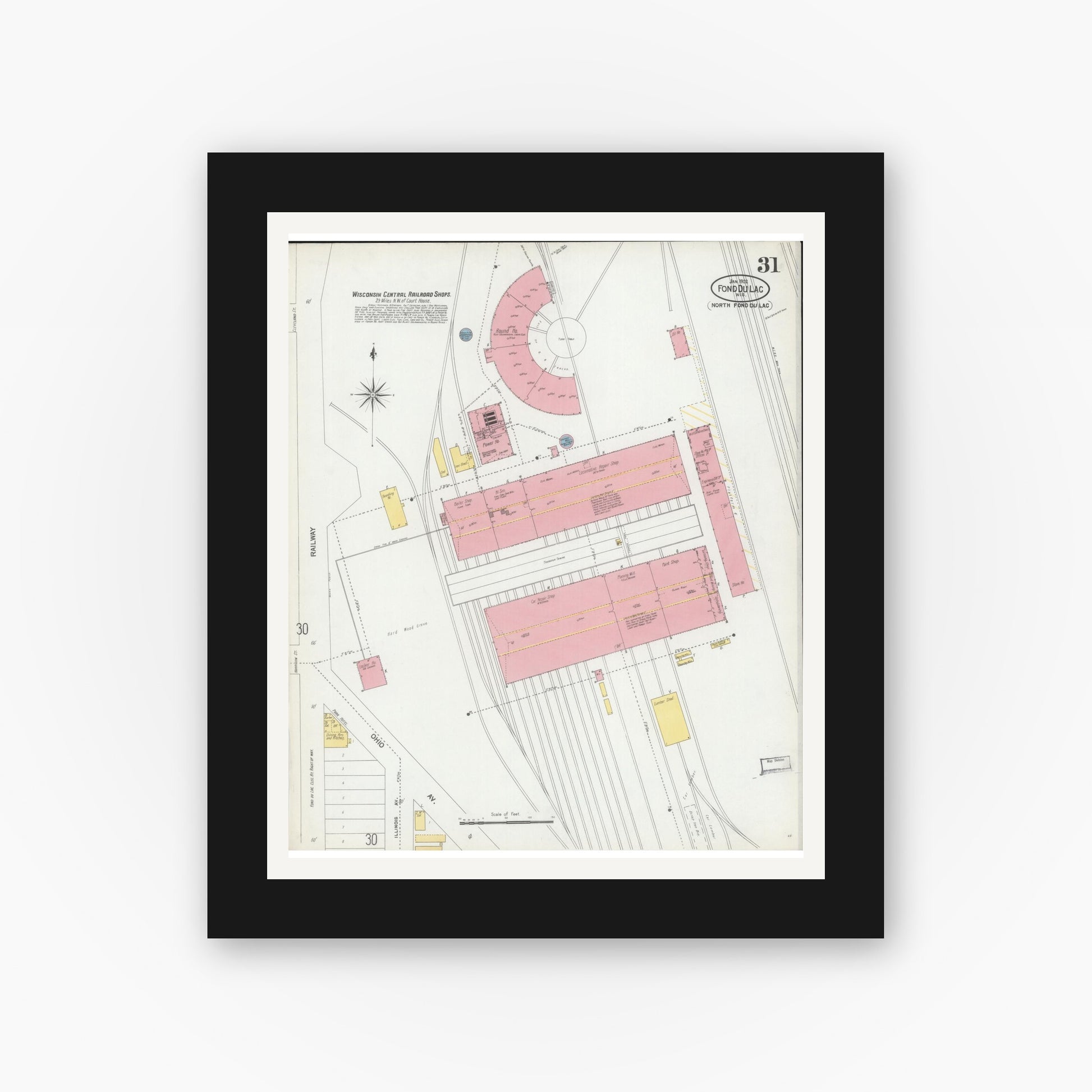 Old map wall art mockup — black gallery frame with white mat — Sanborn Fire Insurance Map from Fond du Lac, Fond du Lac County, Wisconsin (1902), Sheet #0031