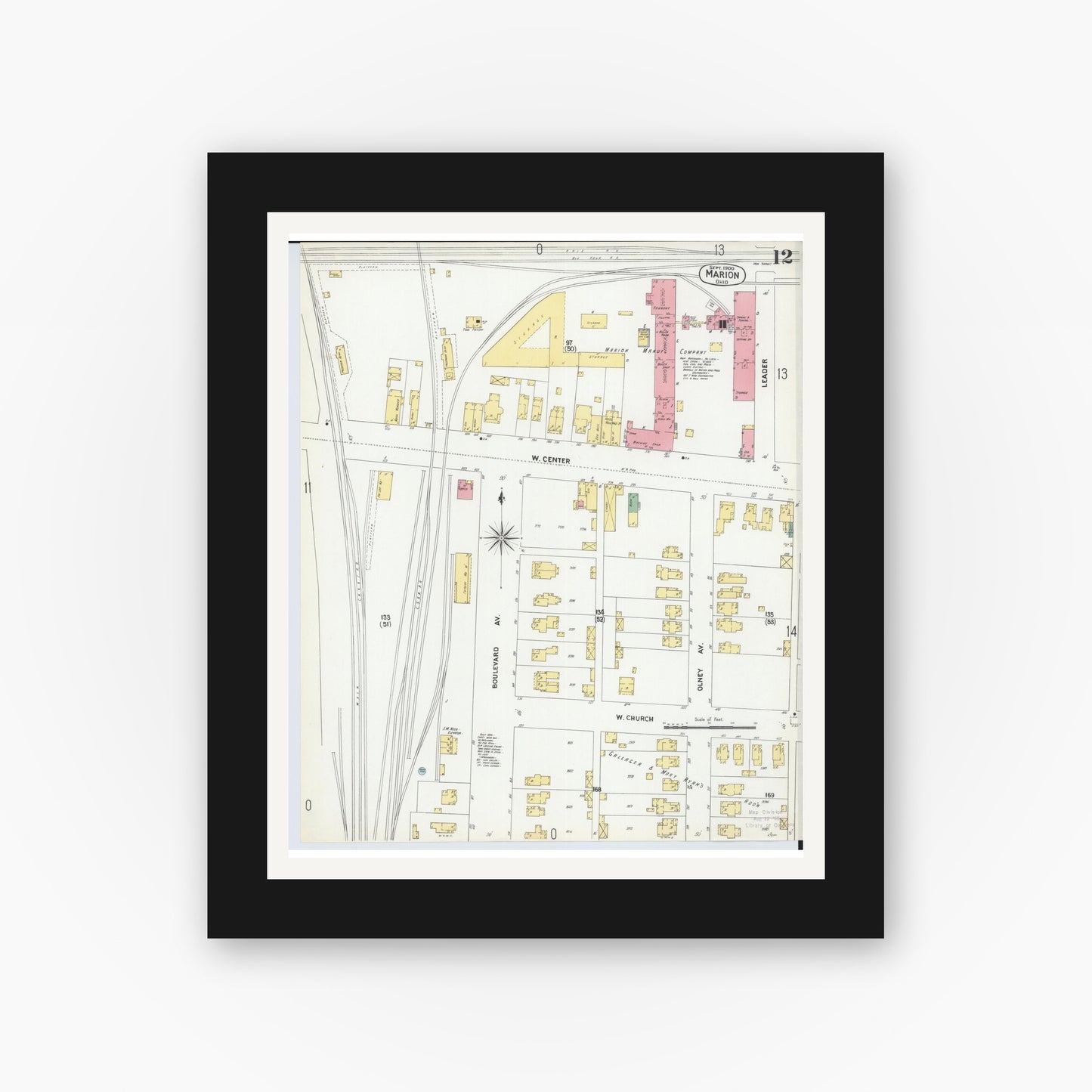 Old map wall art mockup — black gallery frame with white mat — Sanborn Fire Insurance Map from Marion, Marion County, Ohio (1900), Sheet #0012