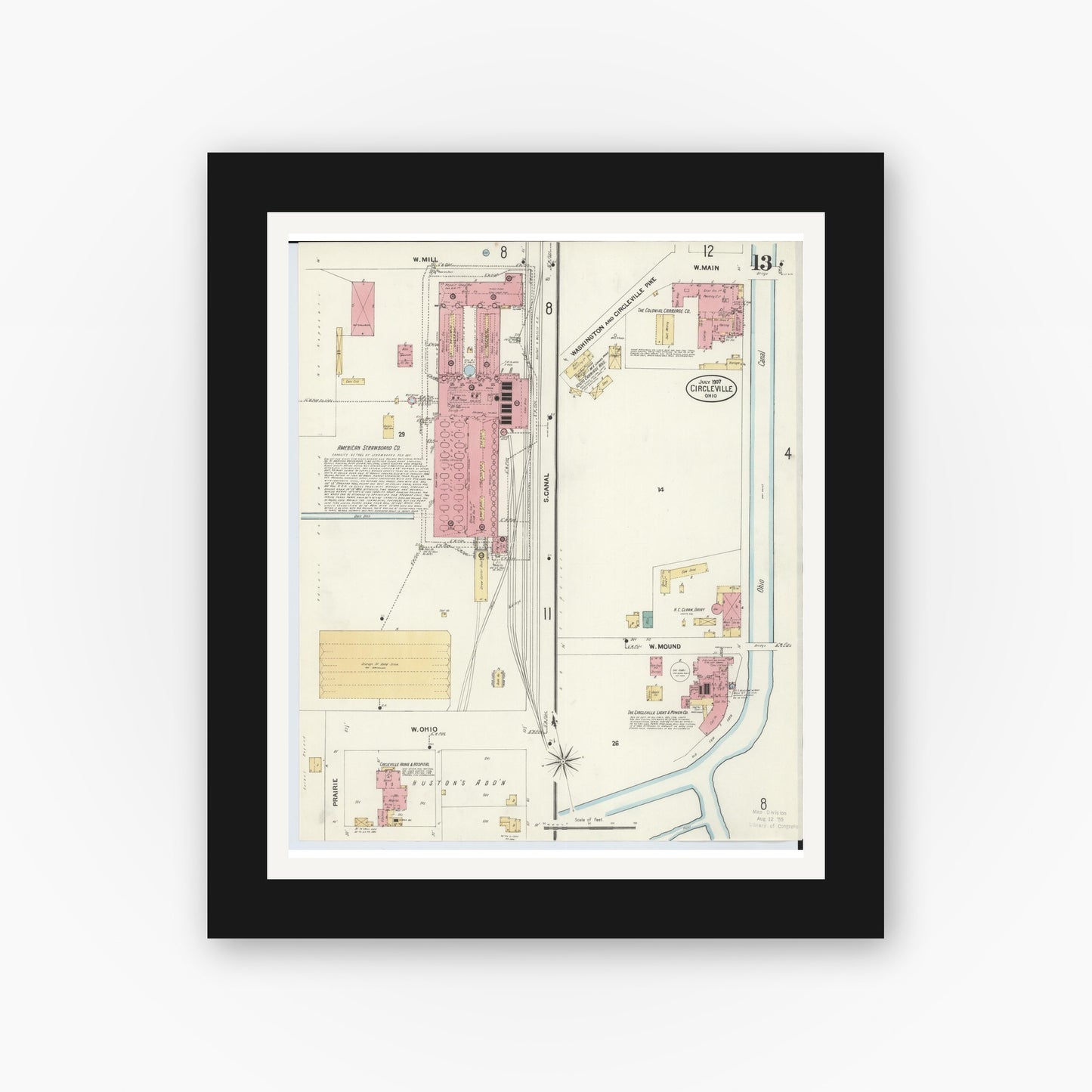 Old map wall art mockup — black gallery frame with white mat — Sanborn Fire Insurance Map from Circleville, Pickaway County, Ohio (1907), Sheet #0013