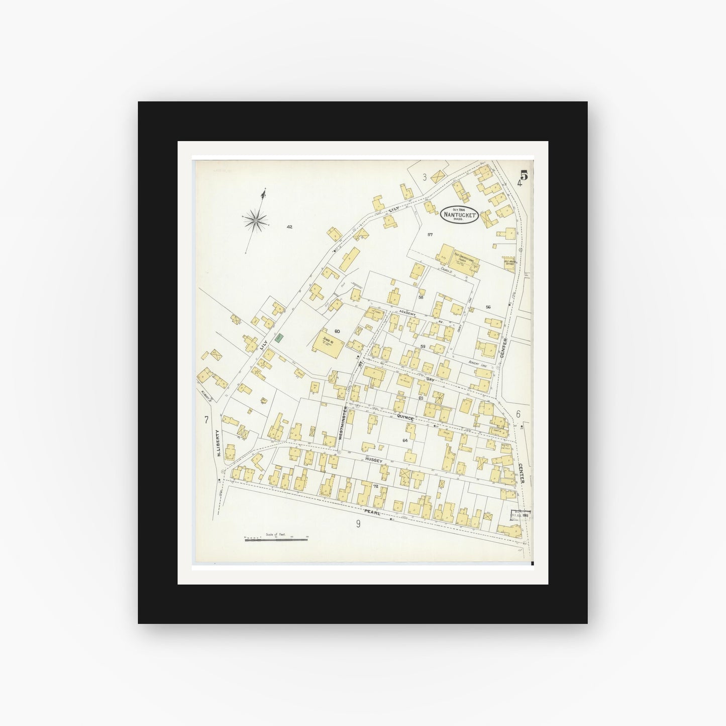 Old map wall art mockup — black gallery frame with white mat — Sanborn Fire Insurance Map from Nantucket, Nantucket County, Massachusetts (1904), Sheet #0005