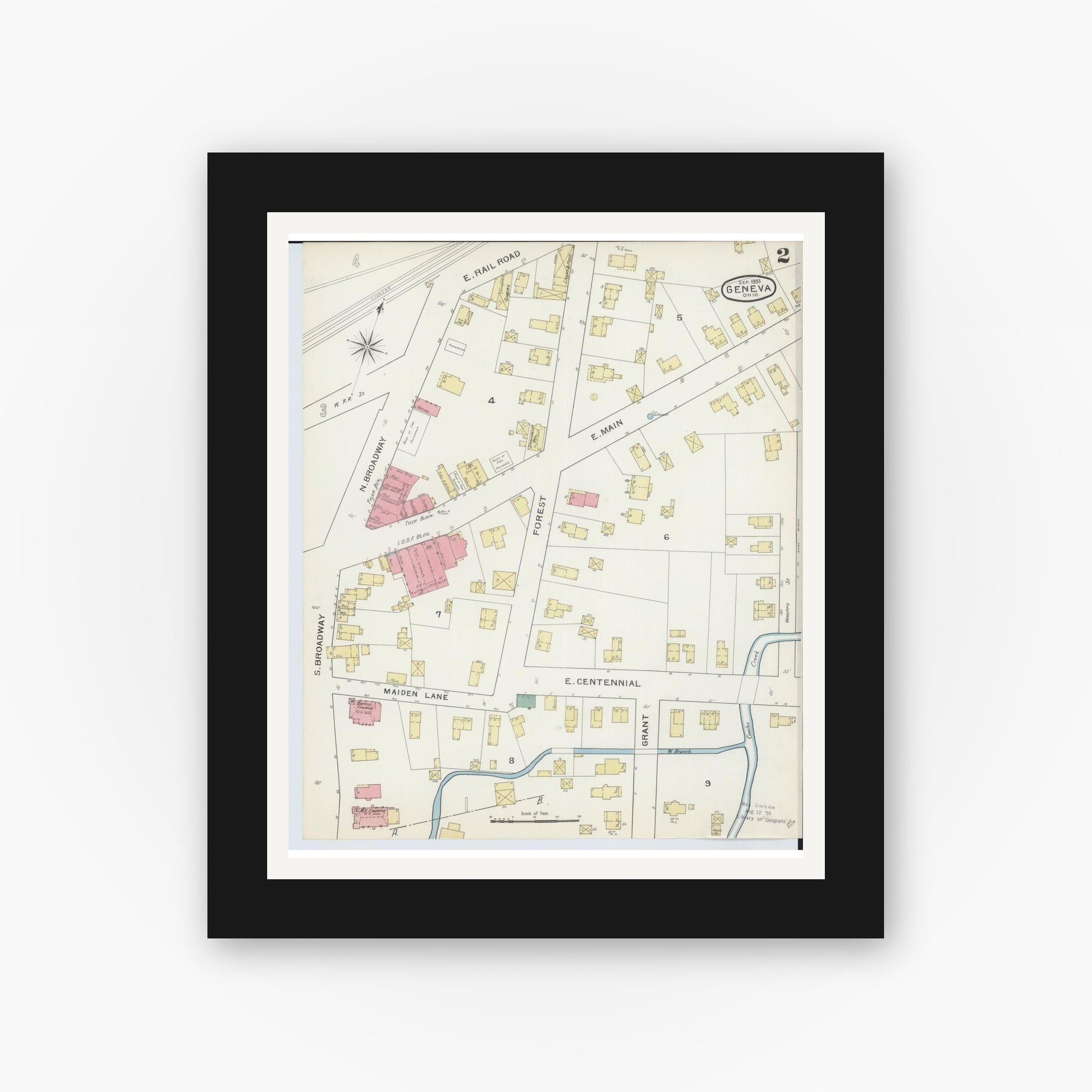 Old map wall art mockup — black gallery frame with white mat — Sanborn Fire Insurance Map from Geneva, Ashtabula County, Ohio (1893), Sheet #0002