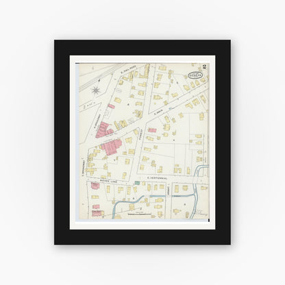 Old map wall art mockup — black gallery frame with white mat — Sanborn Fire Insurance Map from Geneva, Ashtabula County, Ohio (1893), Sheet #0002