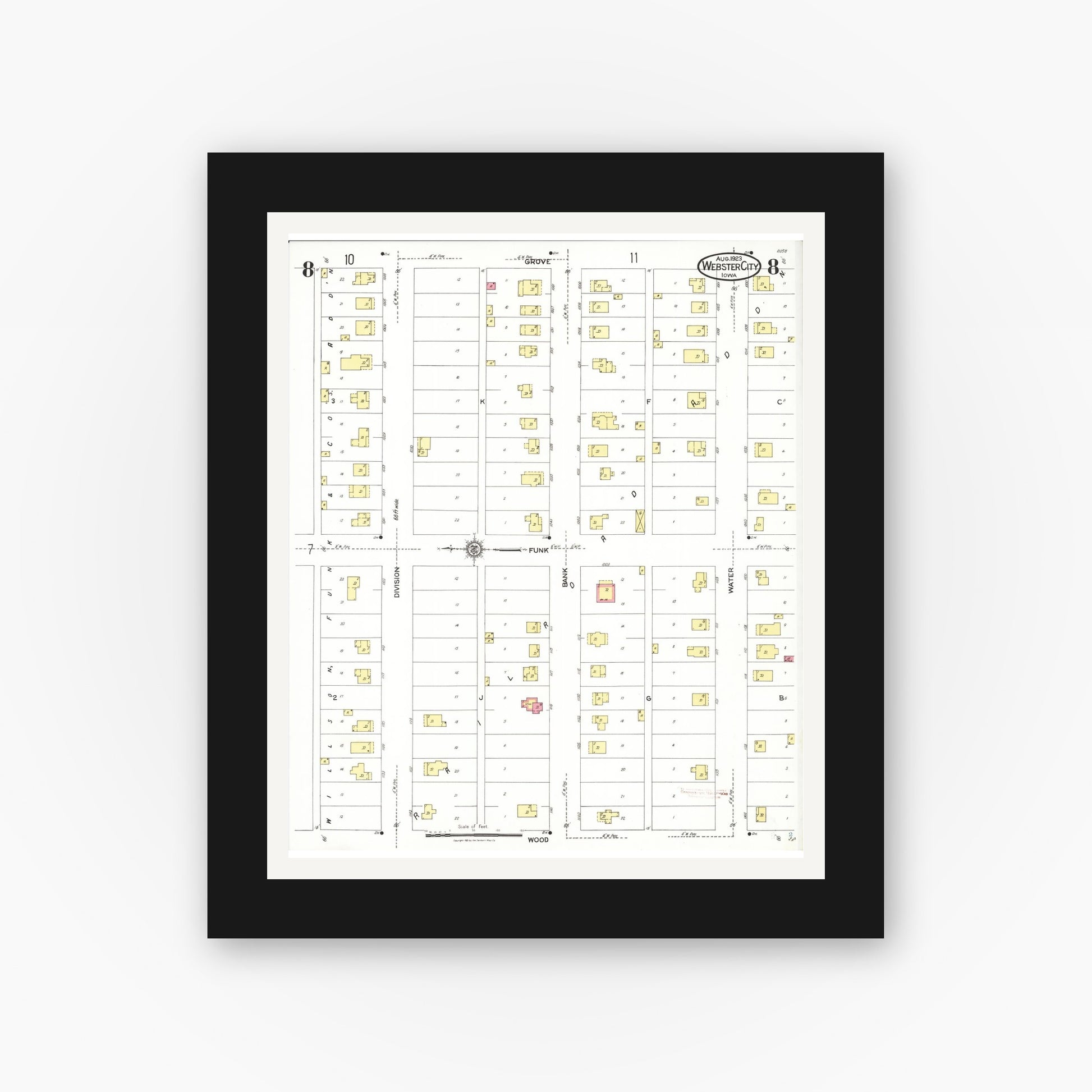 Old map wall art mockup — black gallery frame with white mat — Sanborn Fire Insurance Map from Webster City, Hamilton County, Iowa (1923), Sheet #0008