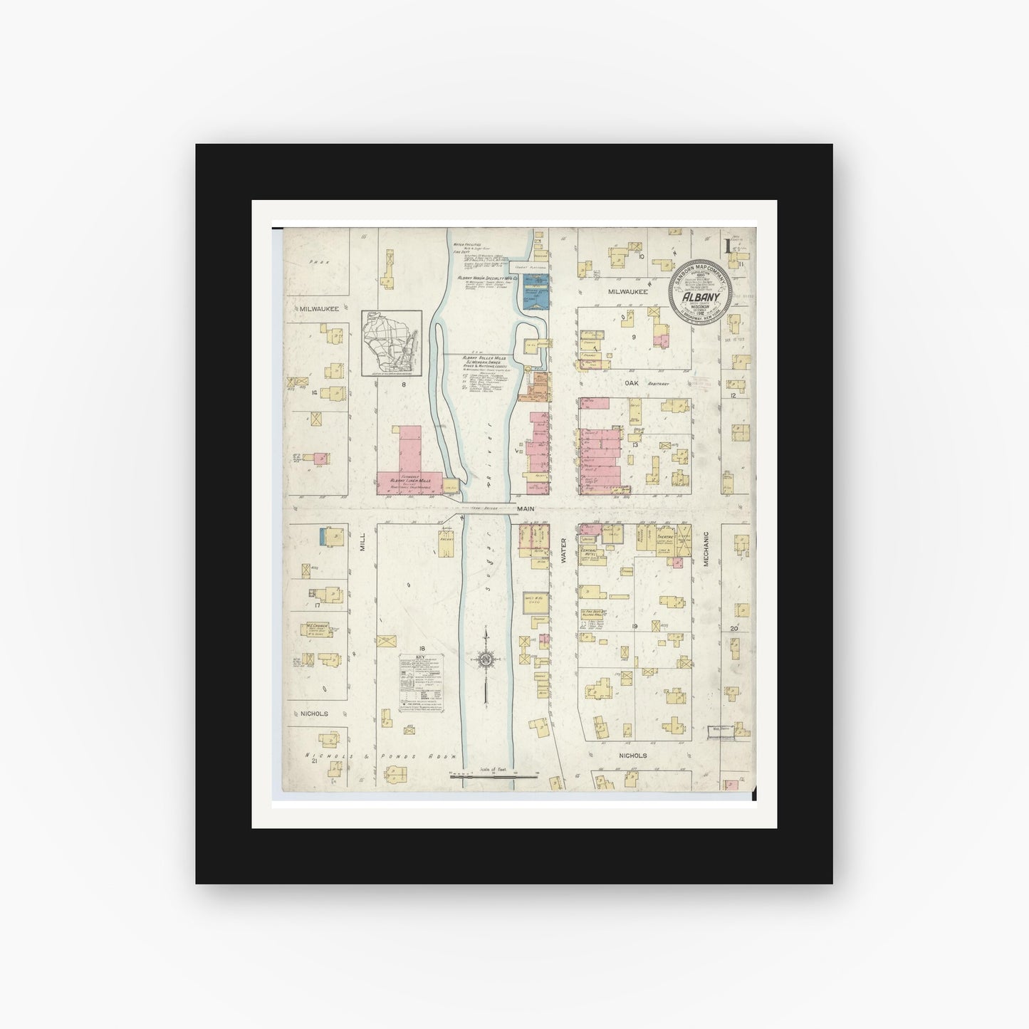 Old map wall art mockup — black gallery frame with white mat — Sanborn Fire Insurance Map from Albany, Green County, Wisconsin (1912), Sheet #0001