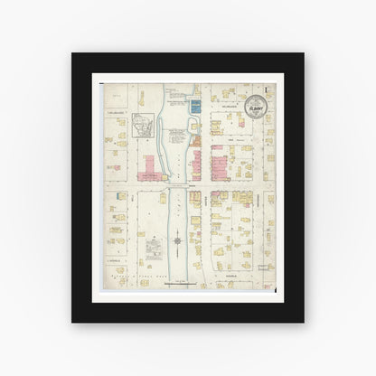 Old map wall art mockup — black gallery frame with white mat — Sanborn Fire Insurance Map from Albany, Green County, Wisconsin (1912), Sheet #0001