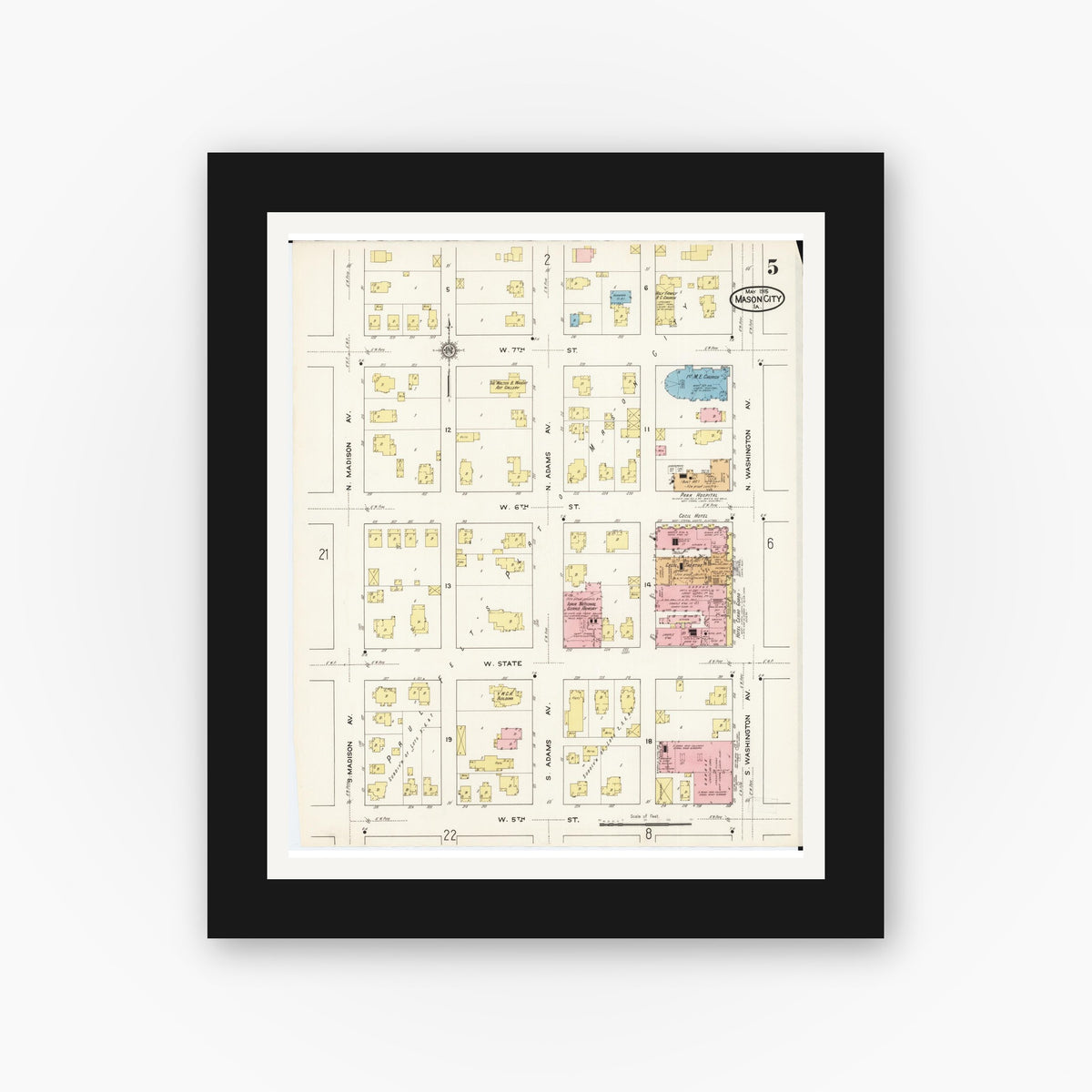 Old map wall art mockup — black gallery frame with white mat — Sanborn Fire Insurance Map from Mason City, Cerro Gordo County, Iowa (1915), Sheet #0005