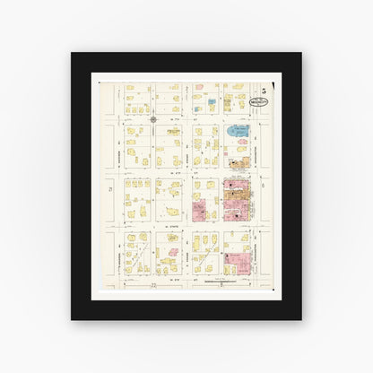 Old map wall art mockup — black gallery frame with white mat — Sanborn Fire Insurance Map from Mason City, Cerro Gordo County, Iowa (1915), Sheet #0005