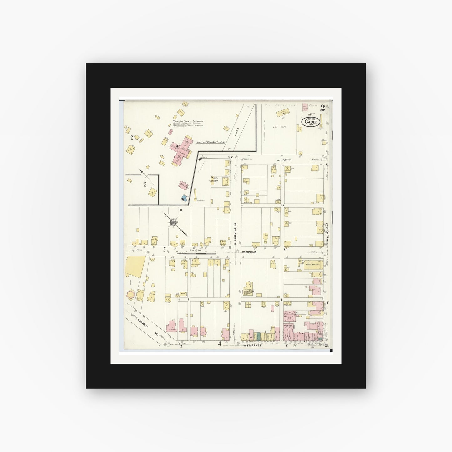 Old map wall art mockup — black gallery frame with white mat — Sanborn Fire Insurance Map from Cadiz, Harrison County, Ohio (1909), Sheet #0002