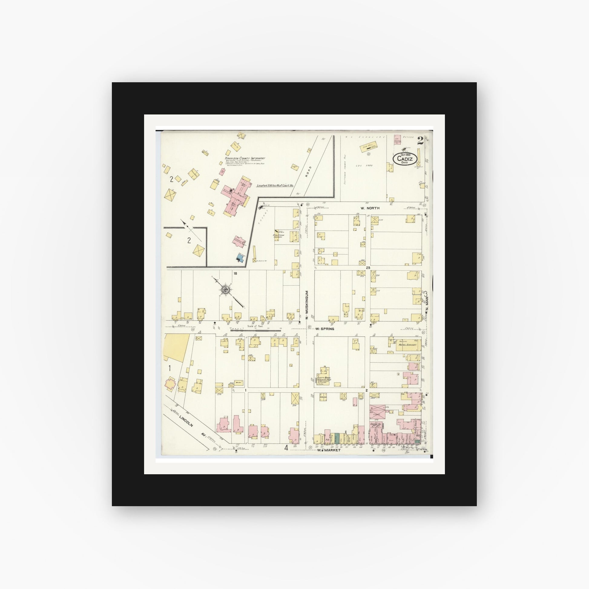 Old map wall art mockup — black gallery frame with white mat — Sanborn Fire Insurance Map from Cadiz, Harrison County, Ohio (1909), Sheet #0002
