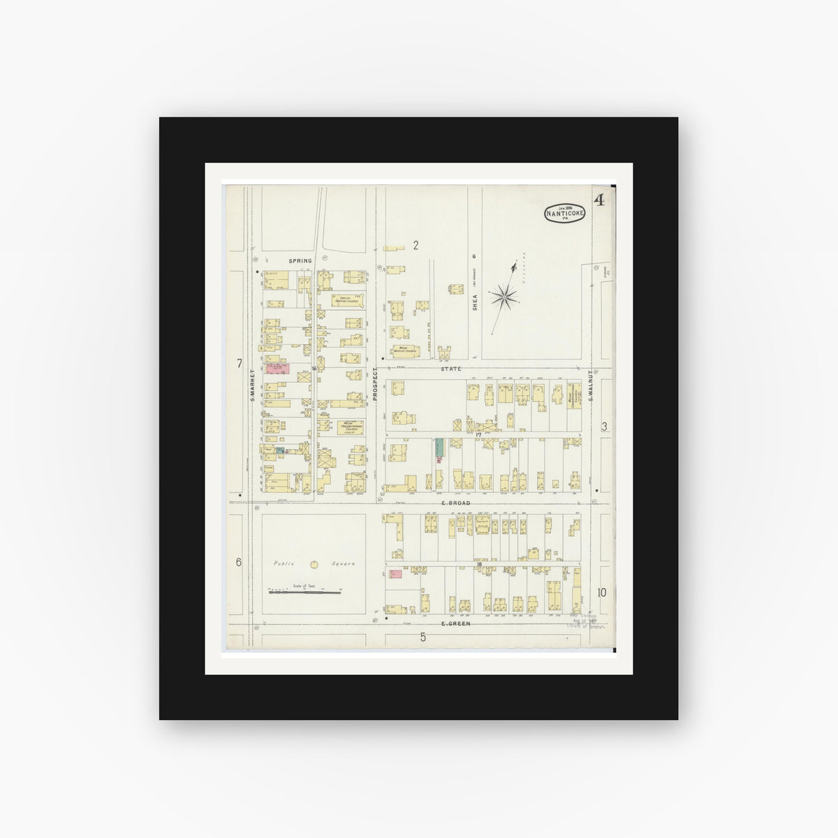 Old map wall art mockup — black gallery frame with white mat — Sanborn Fire Insurance Map from Nanticoke, Luzerne County, Pennsylvania (1896), Sheet #0004