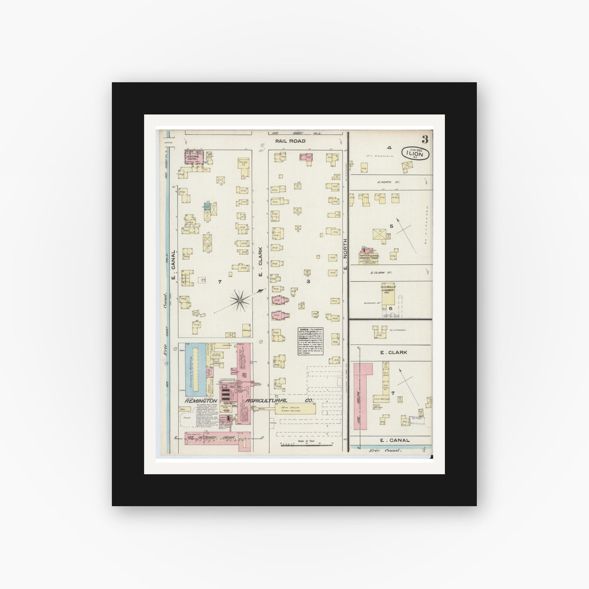 Old map wall art mockup — black gallery frame with white mat — Sanborn Fire Insurance Map from Ilion, Herkimer County, New York (1884), Sheet #0003