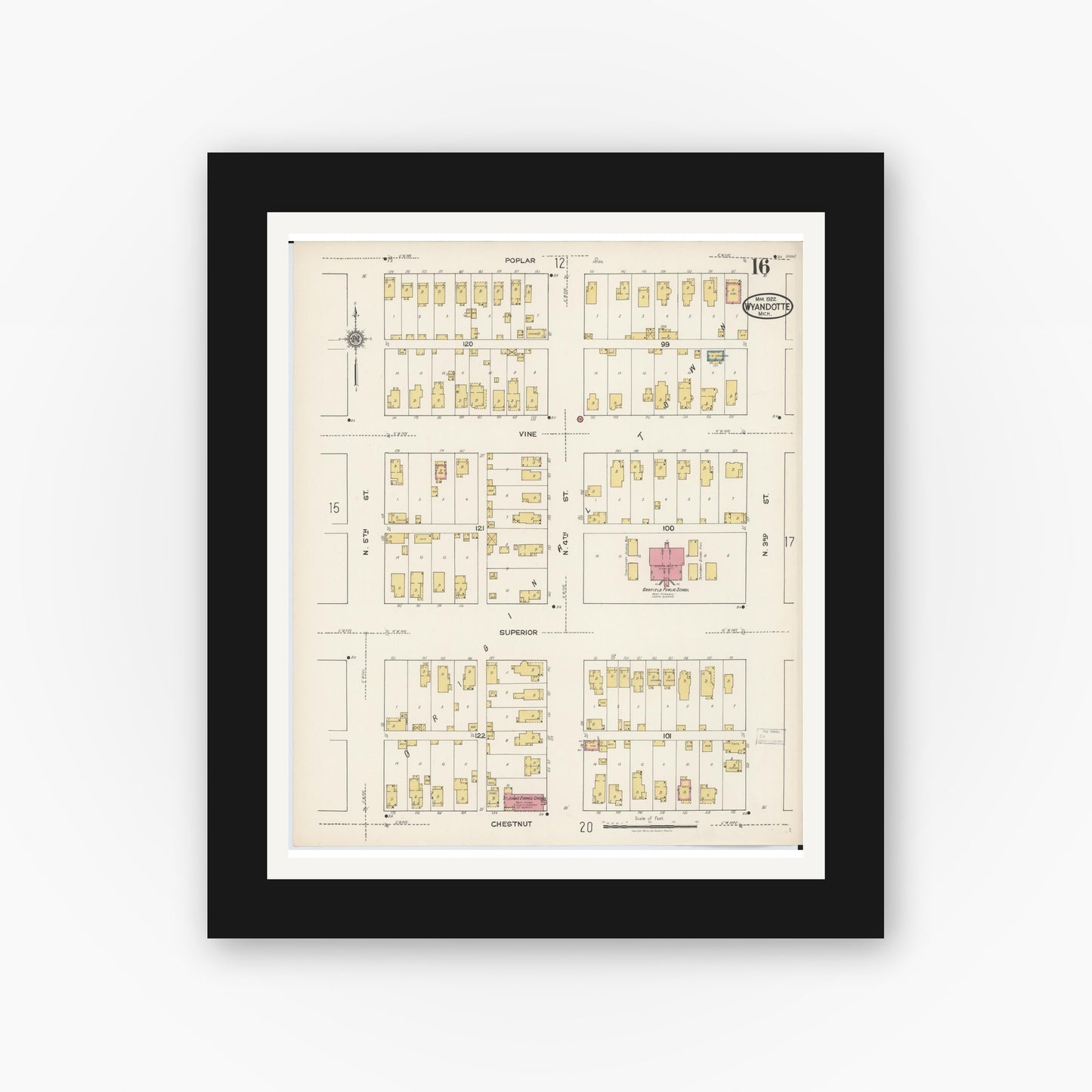 Old map wall art mockup — black gallery frame with white mat — Sanborn Fire Insurance Map from Wyandotte, Wayne County, Michigan (1922), Sheet #0016