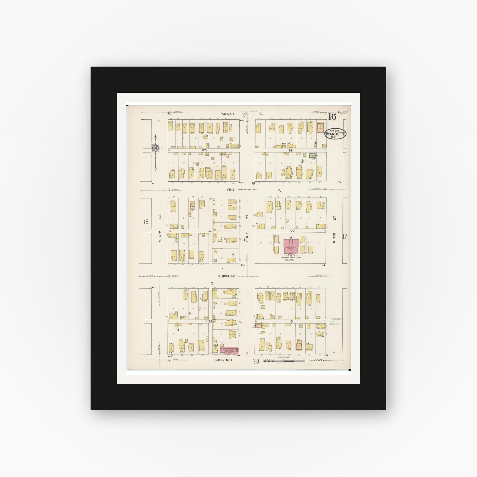 Old map wall art mockup — black gallery frame with white mat — Sanborn Fire Insurance Map from Wyandotte, Wayne County, Michigan (1922), Sheet #0016