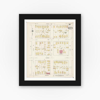Old map wall art mockup — black gallery frame with white mat — Sanborn Fire Insurance Map from Wyandotte, Wayne County, Michigan (1922), Sheet #0016