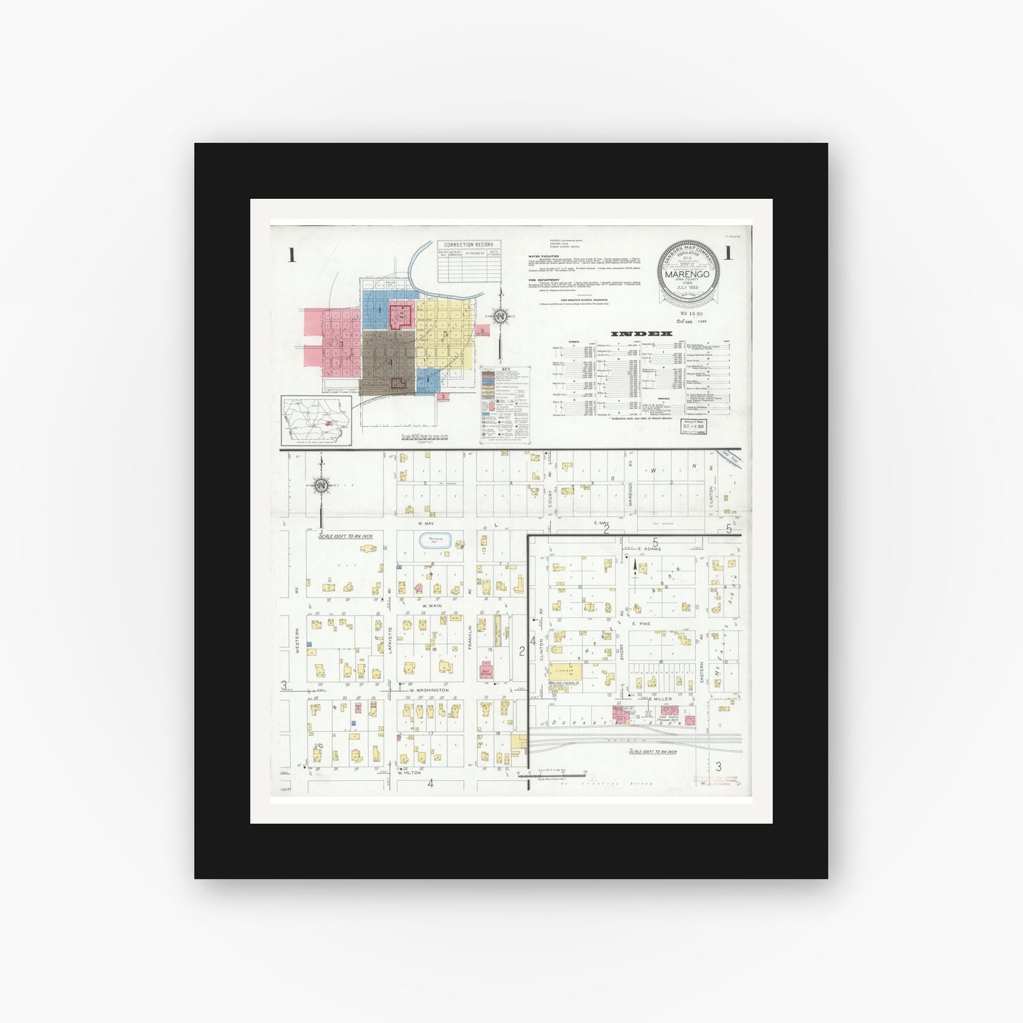 Old map wall art mockup — black gallery frame with white mat — Sanborn Fire Insurance Map from Marengo, Iowa County, Iowa (1933) â€” Complete Set