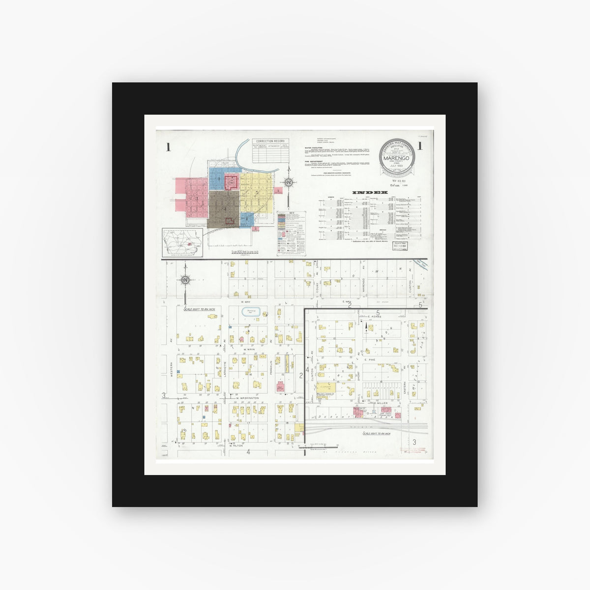 Old map wall art mockup — black gallery frame with white mat — Sanborn Fire Insurance Map from Marengo, Iowa County, Iowa (1933) â€” Complete Set