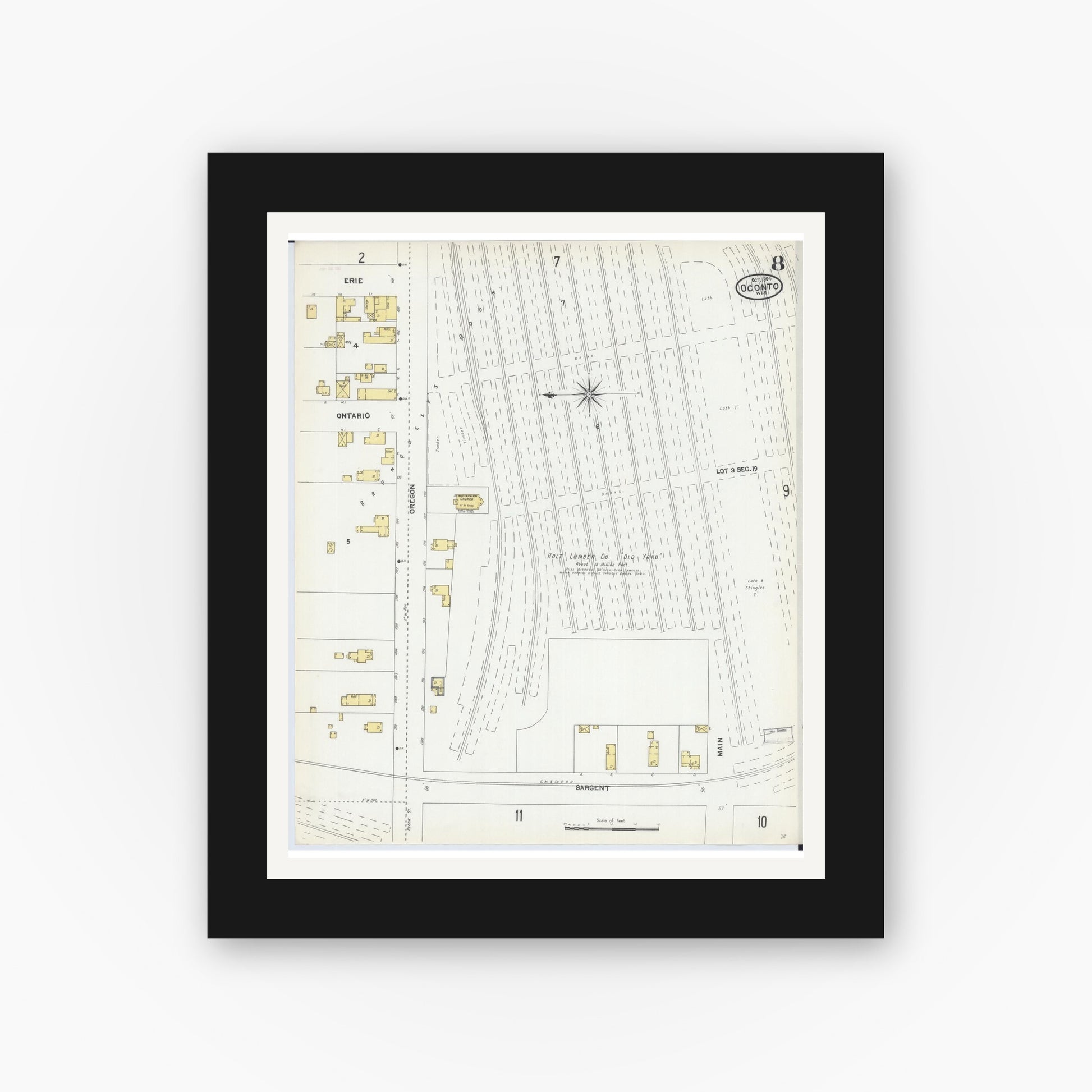 Old map wall art mockup — black gallery frame with white mat — Sanborn Fire Insurance Map from Oconto, Oconto County, Wisconsin (1904), Sheet #0008