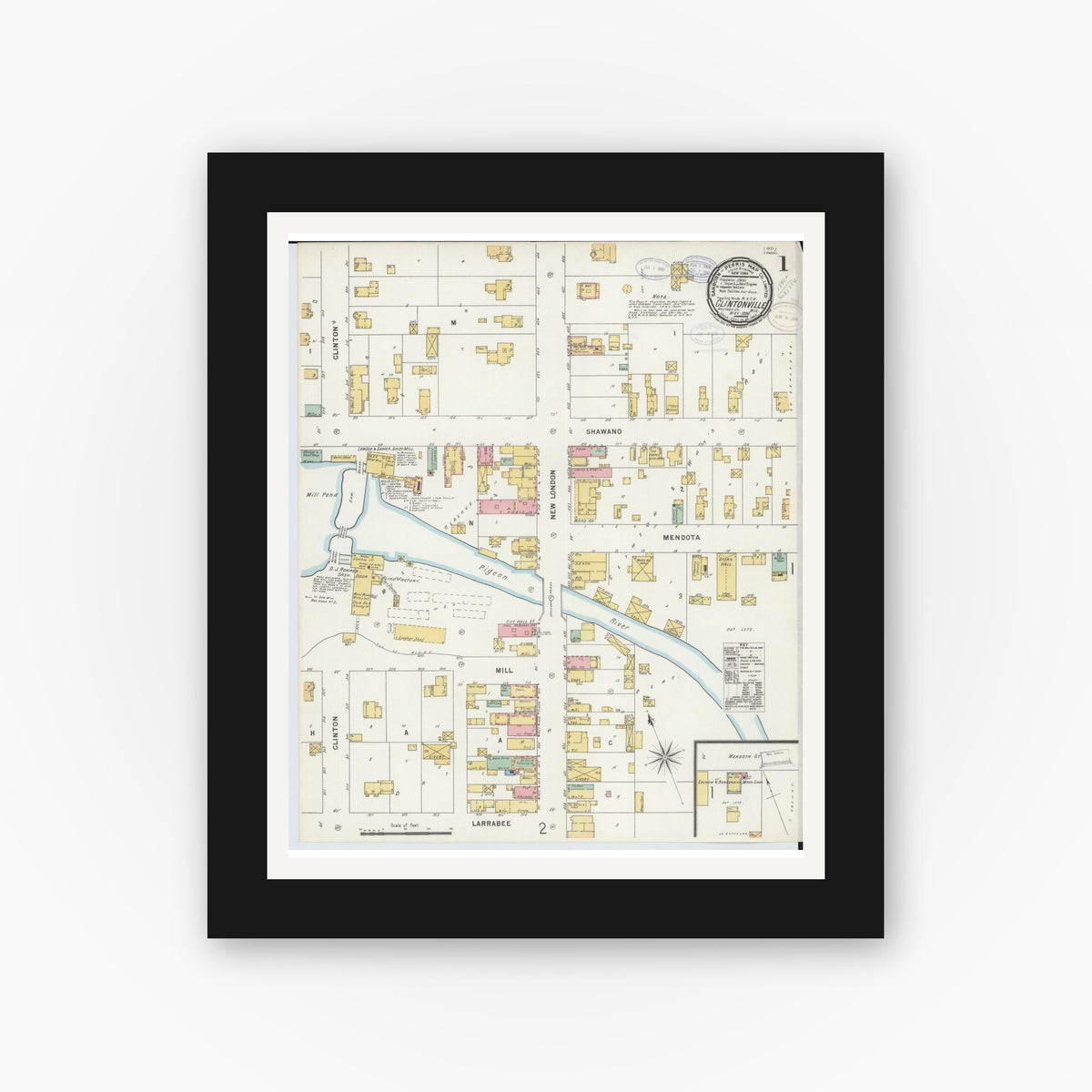 Old map wall art mockup — black gallery frame with white mat — Sanborn Fire Insurance Map from Clintonville, Waupaca County, Wisconsin (1898), Sheet #0001