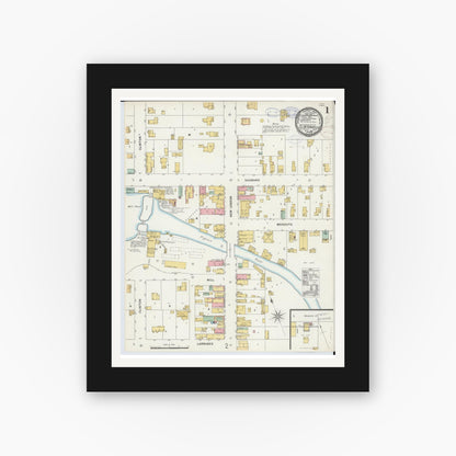 Old map wall art mockup — black gallery frame with white mat — Sanborn Fire Insurance Map from Clintonville, Waupaca County, Wisconsin (1898), Sheet #0001
