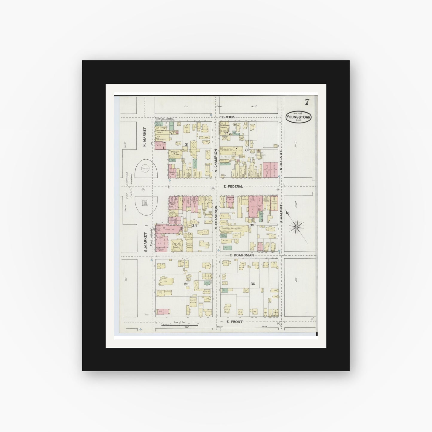 Old map wall art mockup — black gallery frame with white mat — Sanborn Fire Insurance Map from Youngstown, Mahoning County, Ohio (1889), Sheet #0007