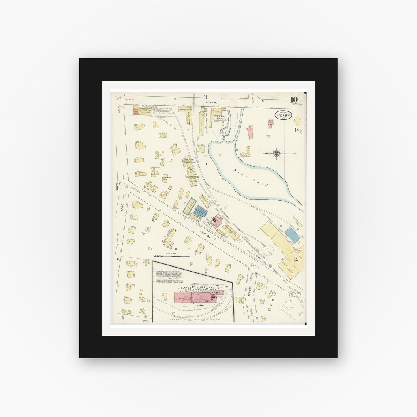 Old map wall art mockup — black gallery frame with white mat — Sanborn Fire Insurance Map from Perry, Wyoming County, New York (1913), Sheet #0010