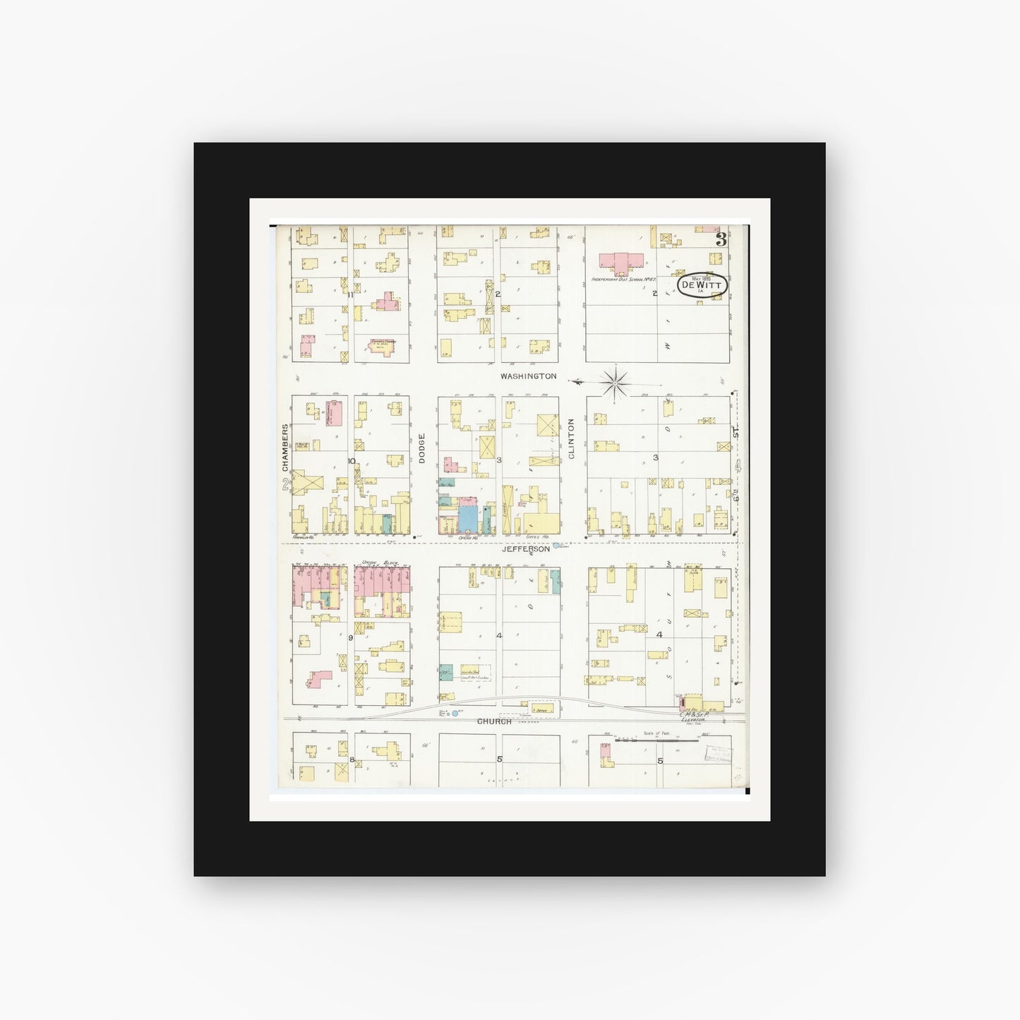 Old map wall art mockup — black gallery frame with white mat — Sanborn Fire Insurance Map from De Witt, Clinton County, Iowa (1893), Sheet #0003