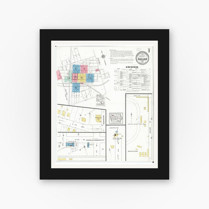 Old map wall art mockup — black gallery frame with white mat — Sanborn Fire Insurance Map from Sheldon, O'Brien County, Iowa (1918), Sheet #0001