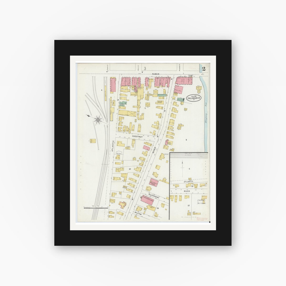 Old map wall art mockup — black gallery frame with white mat — Sanborn Fire Insurance Map from Salamanca, Cattaraugus County, New York (1898), Sheet #0002