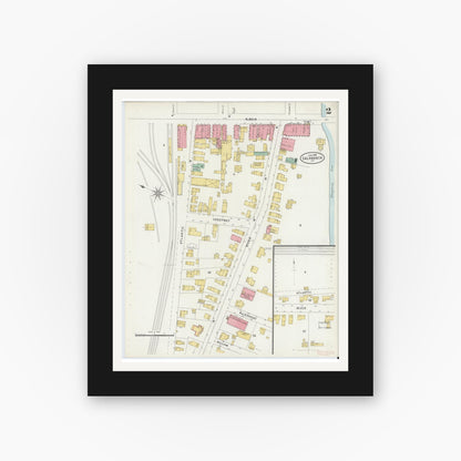 Old map wall art mockup — black gallery frame with white mat — Sanborn Fire Insurance Map from Salamanca, Cattaraugus County, New York (1898), Sheet #0002